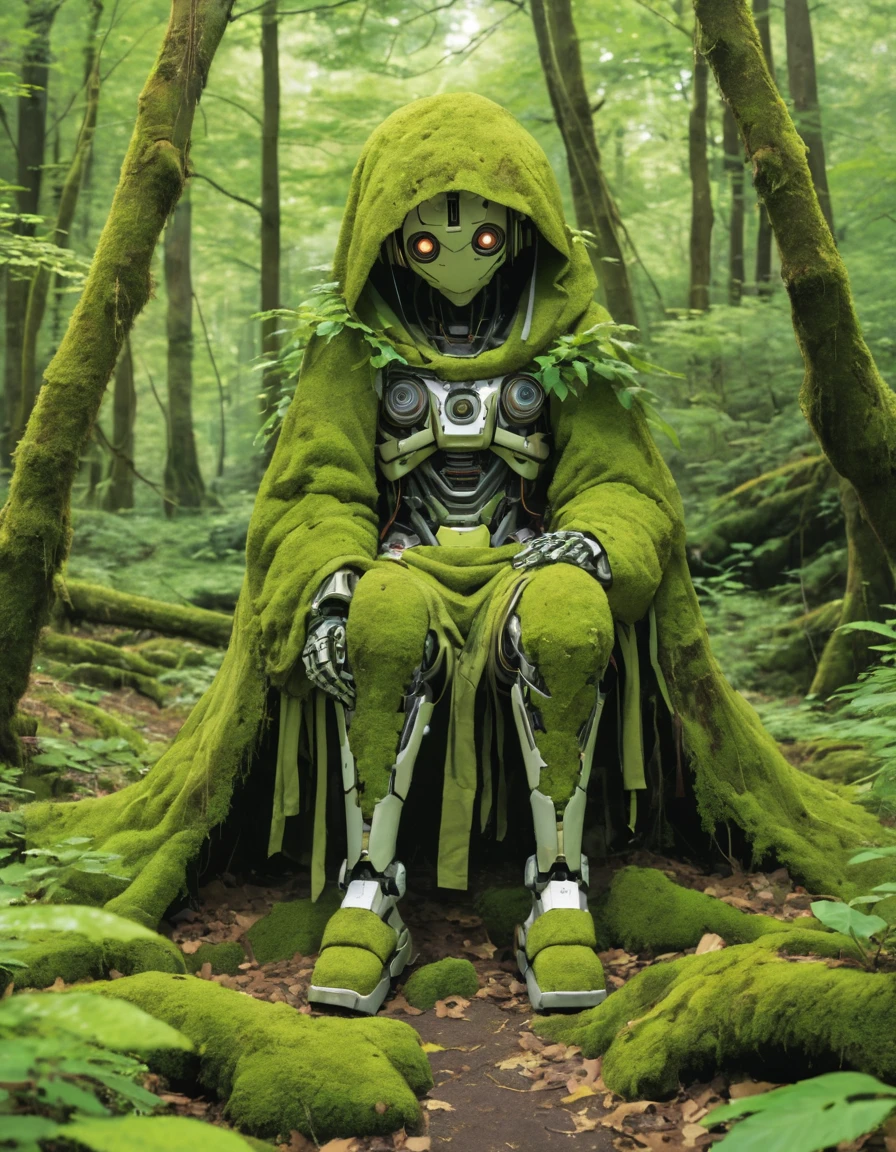 A wild robot covered head to toe in moss leaves and sticks. 