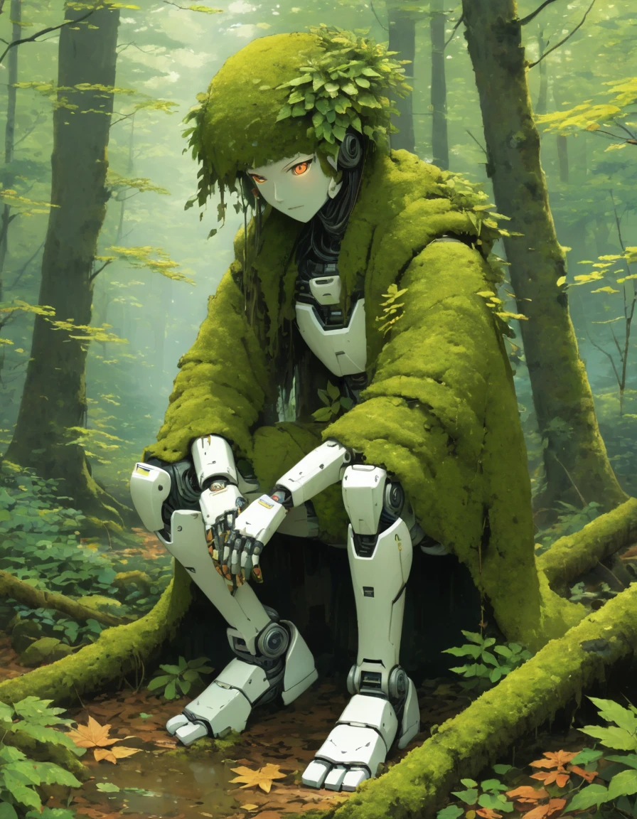 A wild robot covered head to toe in moss leaves and sticks.