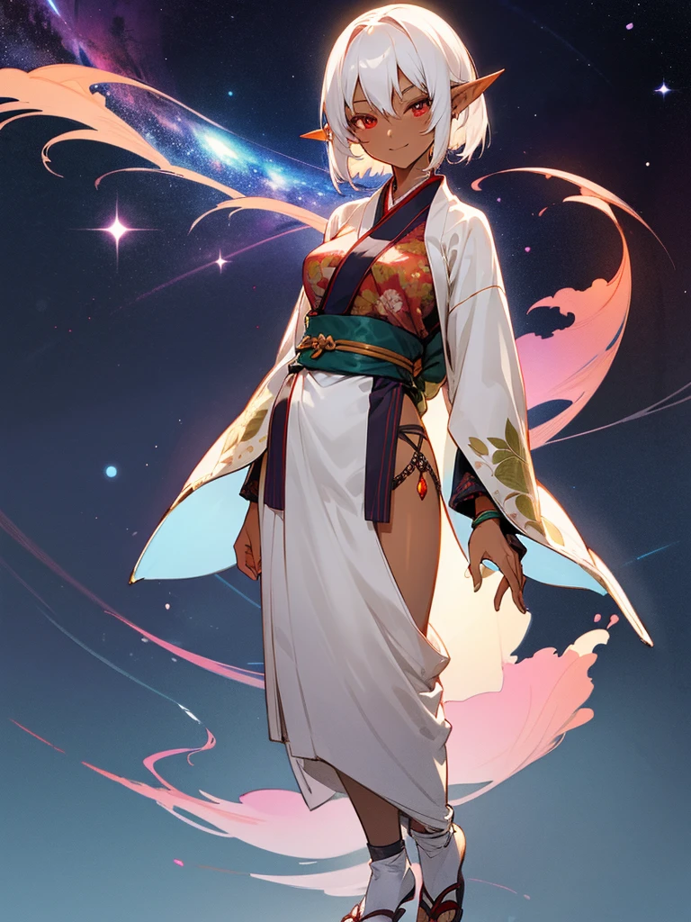 High quality anime illustration, cute girl, (dark skin),(dark elf),, red eyes, elf ears, white hair, short hair,medium breasts,floral pattern yukata,shy smile,(indian style),full body,Japanese style room,night sky, milky way