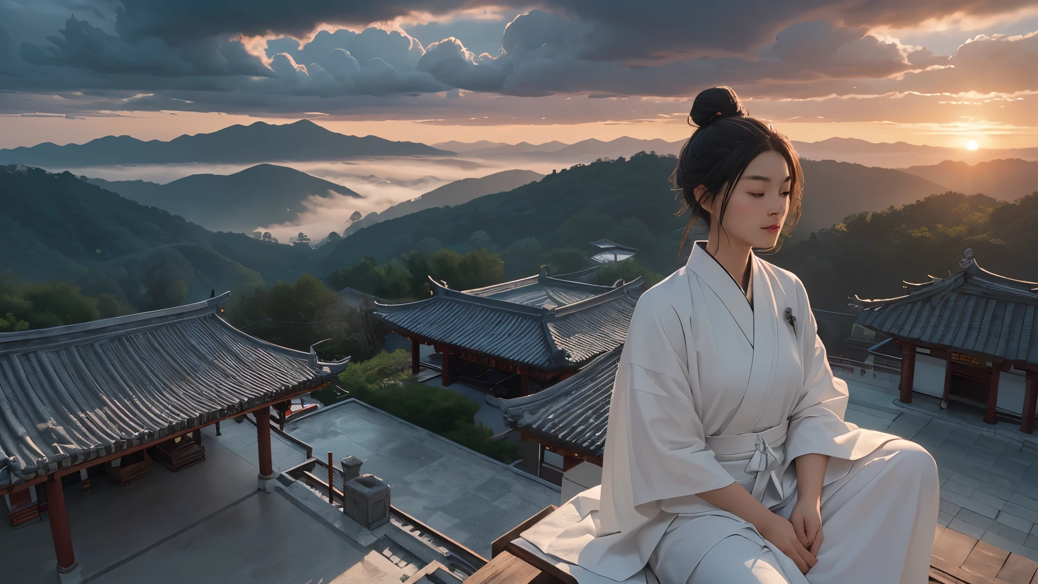 (RAW photo, best quality), (realistic, photo-realistic:1.3), extremely delicate and beautiful, Amazing, finely detail, masterpiece, ultra-detailed, highres,(best illustration), (best shadow),intricate,
A beautiful female Taoist priest wearing white see through robe, hair bun,sits on the eaves of the Taoist temple, overlooking the meditating priests below. In the distance, there are pavilions, towers, and distant mountains adorned with floating clouds,(loong in the background:1.3),sunset,storm,
sharp focus, volumetric fog, 8k UHD, DSLR, high quality, (film grain:1.4), Fujifilm XT3,