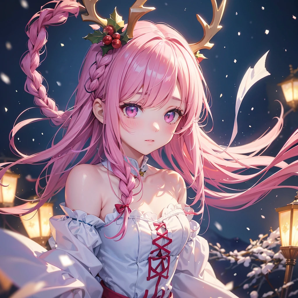 Sky Blue Medium Hair, (Braided Hair),(Pink Eyes),Fair skin ,(whole body),(1 girl)、Christmas、Santa Costume、Straight bangs,(masterpiece, Highest quality, Very detailed, Best Shadow), (Detailed Background), (Beautifully detailed face), High Contrast, (Best lighting, Very delicate and beautiful), ((Cinematic Light)), colorful, Hyper Detail, Dramatic Light, Intricate details,snow、snowだるま、reindeer