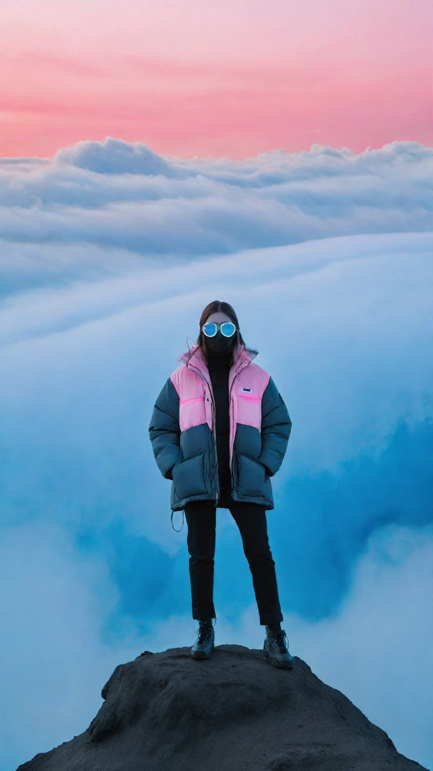 Minion made of fog,in freezer,freeze,feel cold,msfg,fog,smoke,golden hour,unconventional supreme masterpiece,masterful details,temperate atmosphere,(balanced center composition:0.5),with a high-end texture,in the style of fashion photography,magazine cover,Dynamic Angle,Dynamic posture,Perspective,clouds on the ground,dark grey sky with neon pink clouds,glowing neon light blue and pink color tone,low saturations,dim lighting,