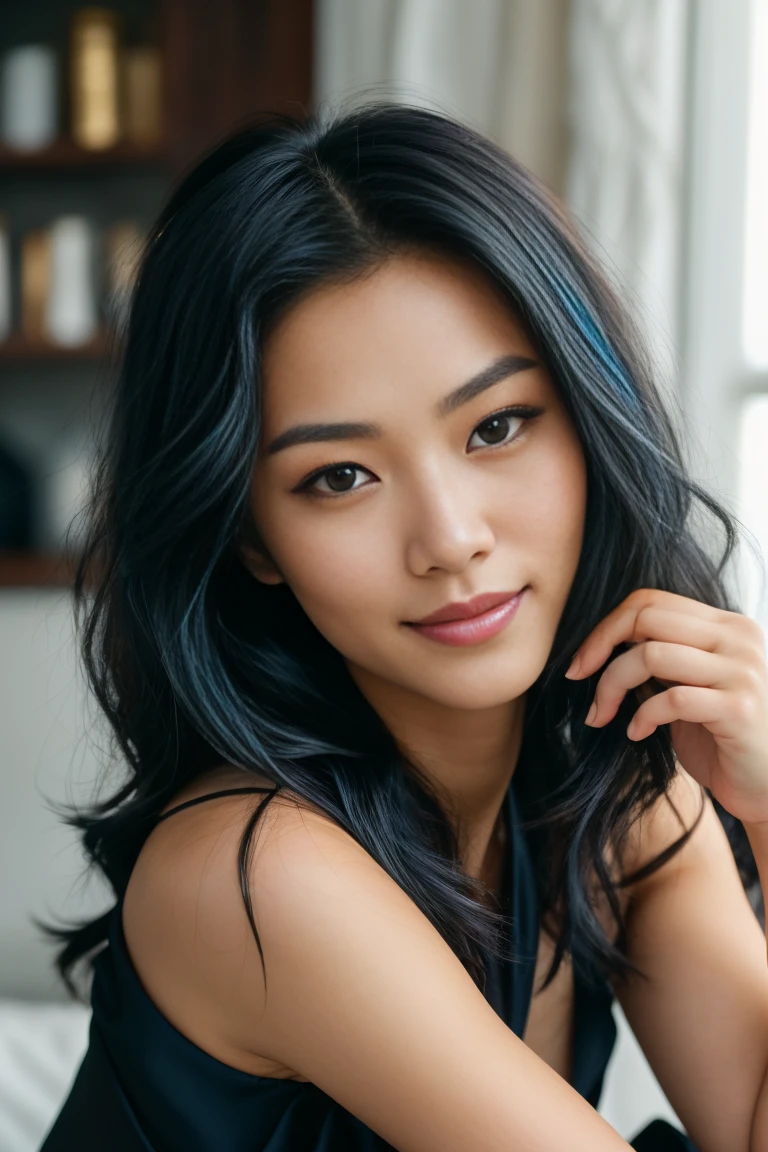arafed woman with long black hair with deep blue highlights in an expensive simplistic living room, flowing black hair, with black hair, photo of a beautiful woman, long flowing black hair, black golden hair, curly black hair, beautiful young asian woman, beautiful asian woman, wild ginger hair, black wispy hair, light black hair, a young asian woman, an asian woman, infp young woman, Portrait photo of a 24-year-old french girl in RAW UHD format (Brown-eyed woman), Details (textures! , Hair! , glistering, Color!! , imperfections: 1.1), DSLR Lighting, SLR camera, Ultra-Quality, sharpness, Film grain, Fujifilm XT3, Crystal clear, Frame Center, beatiful face, (sharp-focus), bokeh (lit), day time, (open sky), detailed skin pores, oilly skin, suntan, Complex eye details, beautiful face, smiling, gold jewelry, nsfw, low camera angle, long distance, very elegant blue and black gown, naked legs, full body, holding a big black coffee mug