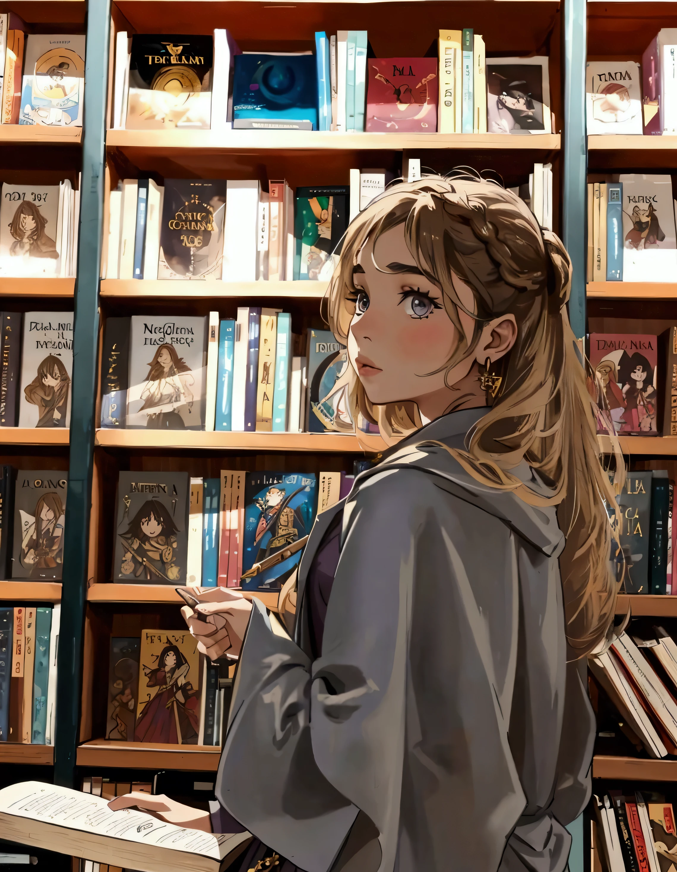 woman standing in front of a book shelf holding a book, mahira khan as a d&d wizard, in a library, mahira khan as a mage, maya ali as a d&d sorcerer, librarian, imogen poots d&d paladin, girl in a record store, imogen poots as a d&d paladin