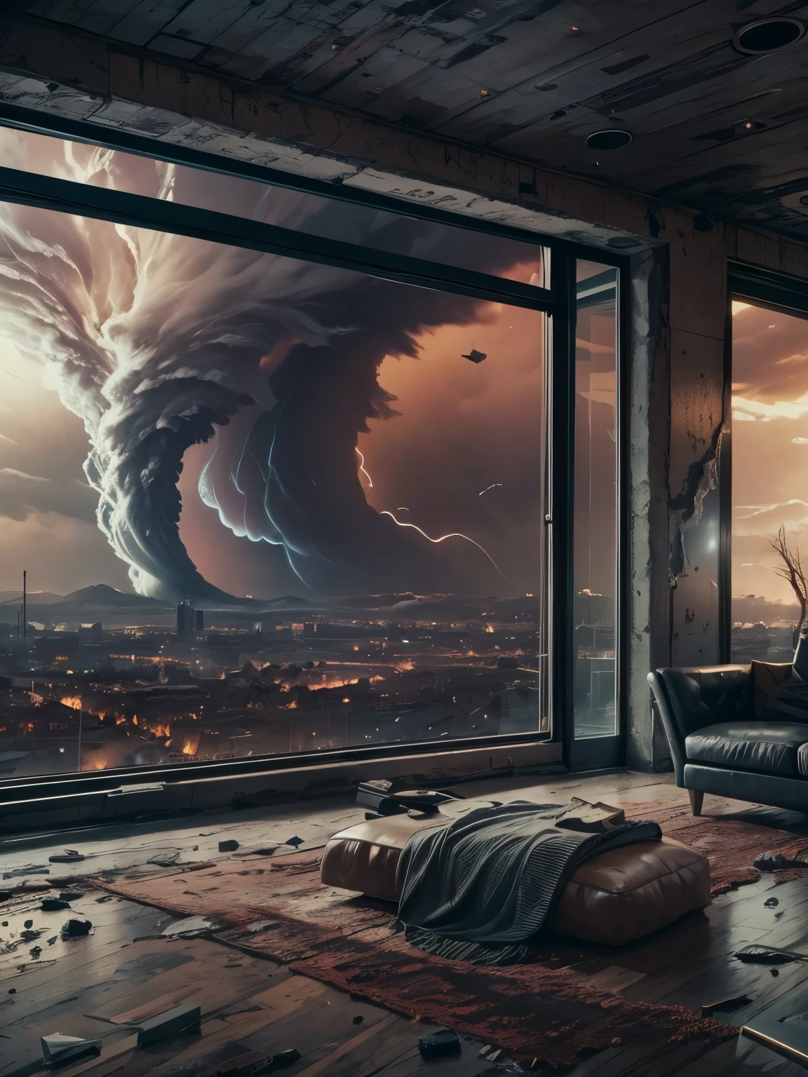 Cinematic shot, Large panoramic window (((with a view of an apocalyptic tornado event))), a tastefully decorated living room in a contemporary style. Muted colors. Contrast between everyday comfort and surreal vistas, movie scene