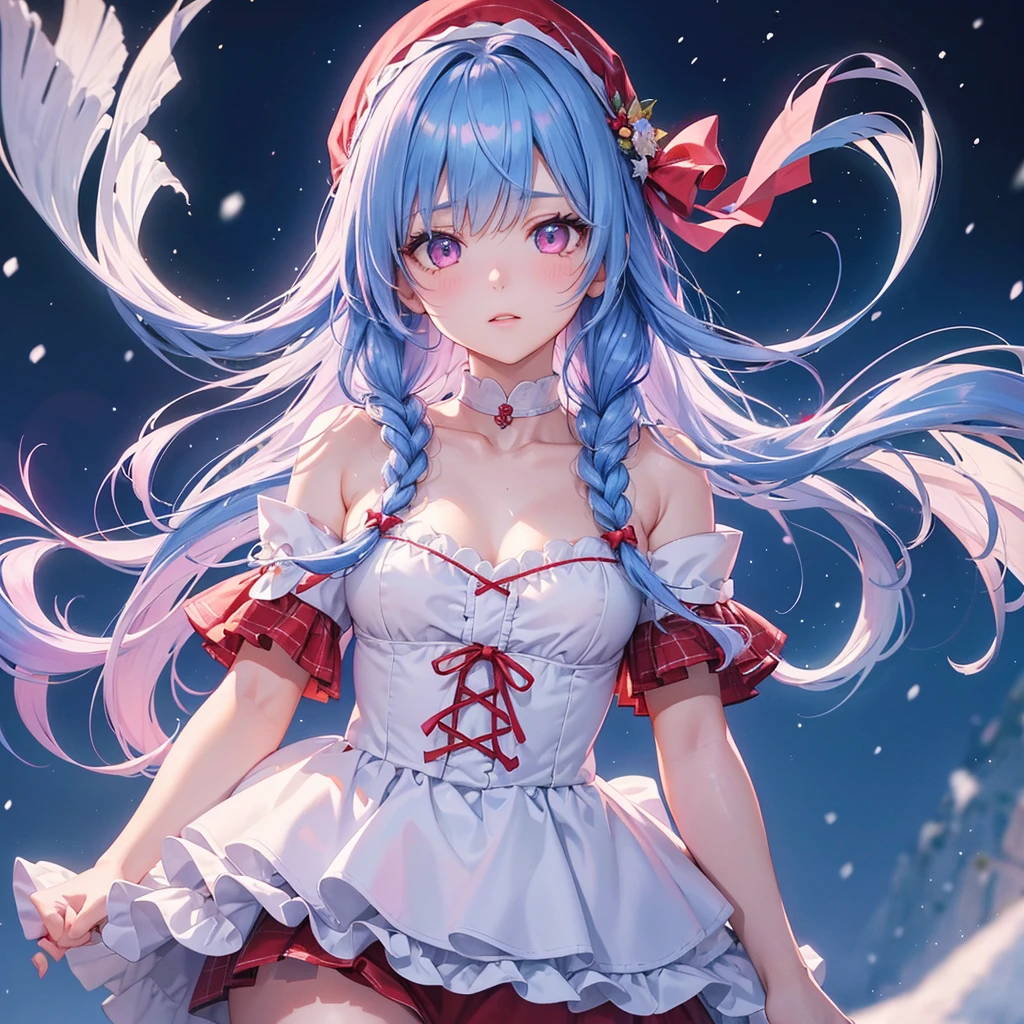 Sky Blue Medium Hair, (Braided Hair),(Pink Eyes),Fair skin ,(whole body),(1 girl)、Christmas、Santa Costume、Straight bangs,(masterpiece, Highest quality, Very detailed, Best Shadow), (Detailed Background), (Beautifully detailed face), High Contrast, (Best lighting, Very delicate and beautiful), ((Cinematic Light)), colorful, Hyper Detail, Dramatic Light, Intricate details,snow、snowだるま、