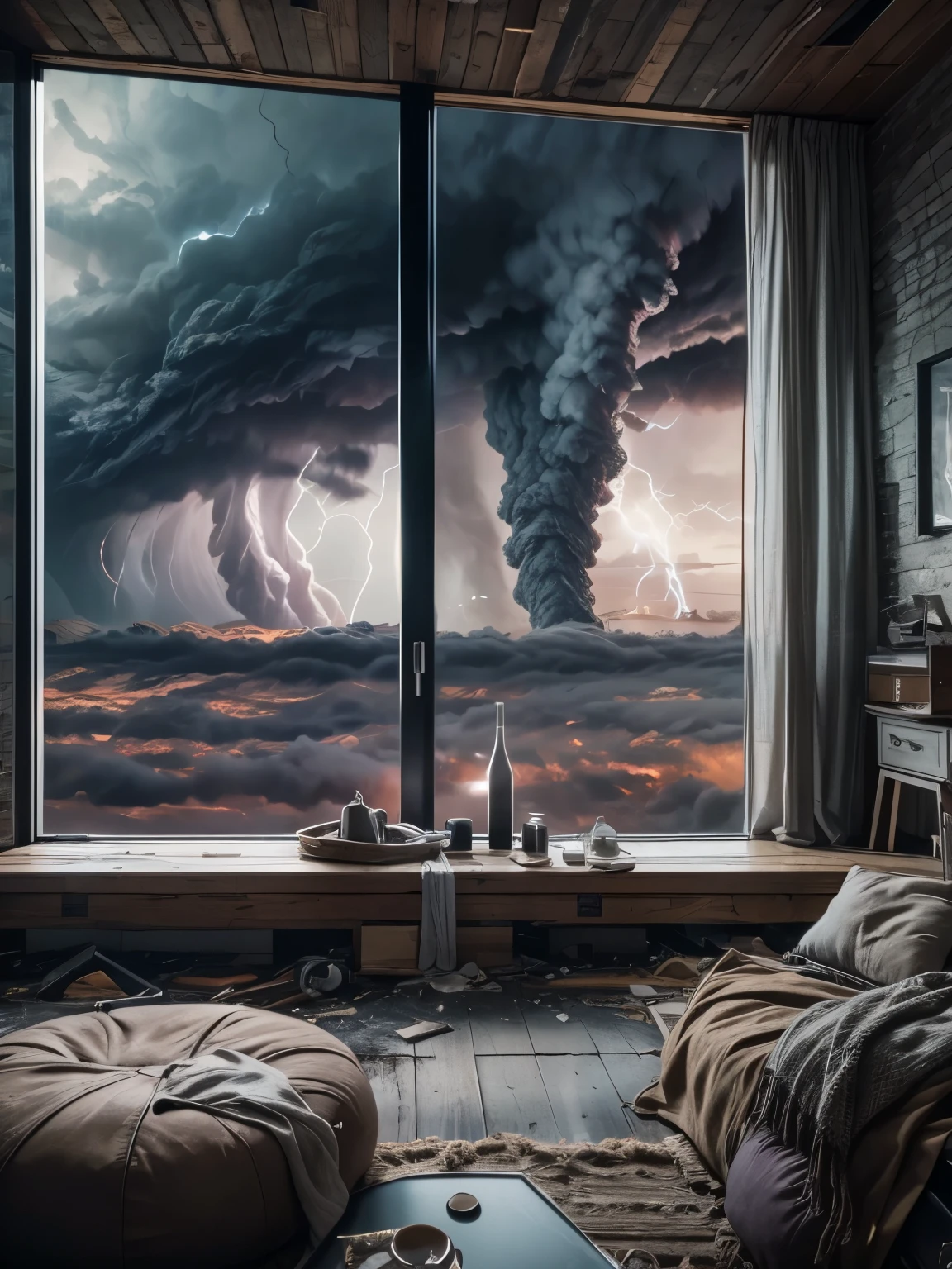 Cinematic shot, Large panoramic window (((with a view of an apocalyptic tornado event))), a tastefully decorated living room in a contemporary style. Muted colors. Contrast between everyday comfort and surreal vistas, movie scene