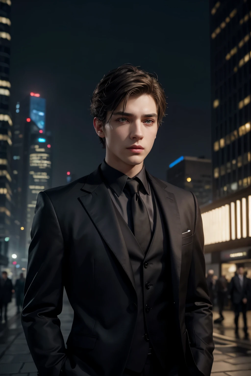 a young man with short brown hair, beautiful detailed eyes, beautiful detailed lips, extremely detailed eyes and face, long eyelashes, serious expression, wearing a black suit, standing in a modern city environment with skyscrapers, cinematic lighting, award-winning photograph, highly detailed, 8k, photorealistic, dramatic lighting, cinematic composition