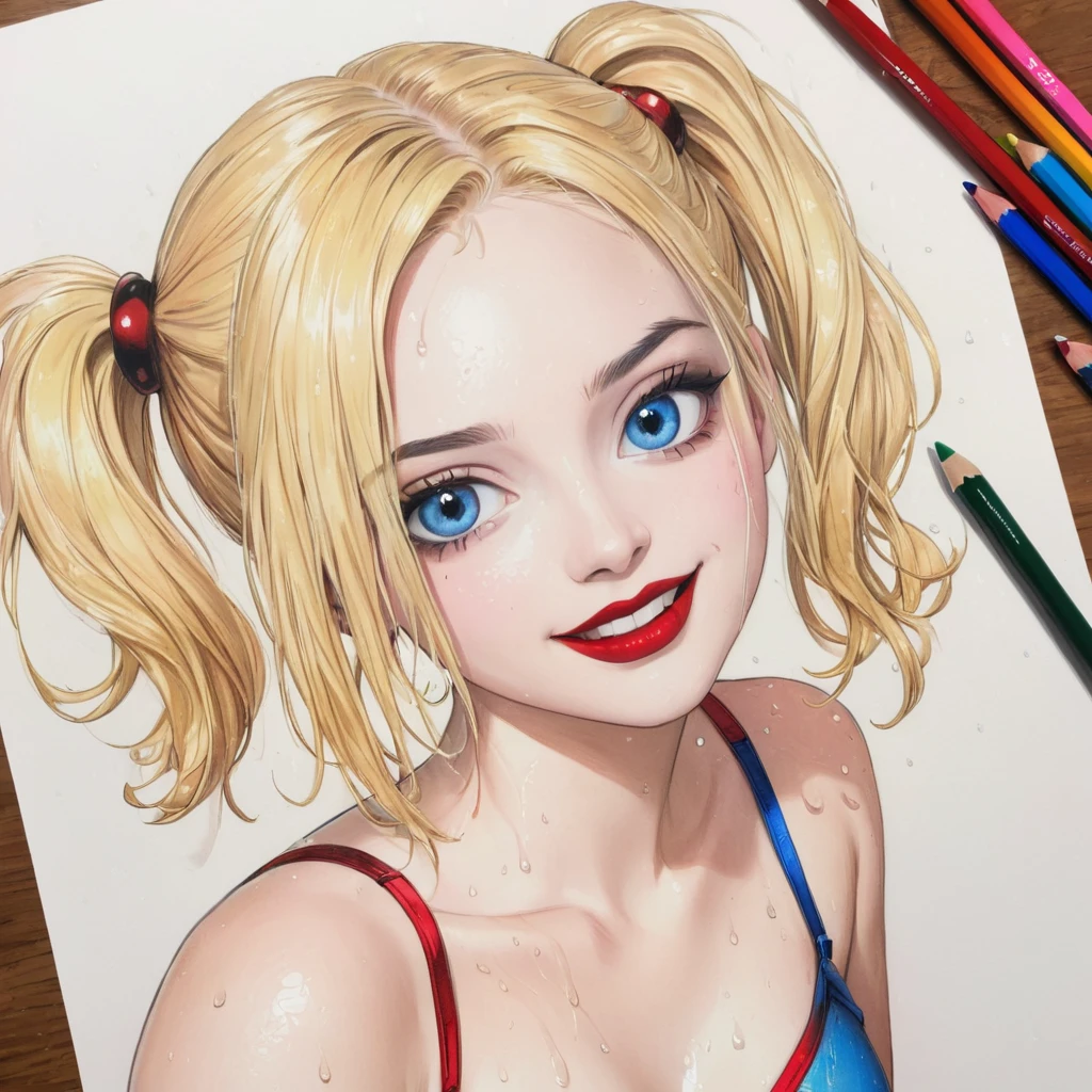 harley quinn,short wet transparent camisole,blonde hair and blue eyes, white,accurate perfect hands, Art,ad,colour pencil drawing,draft drawing ,comic collage,illustration