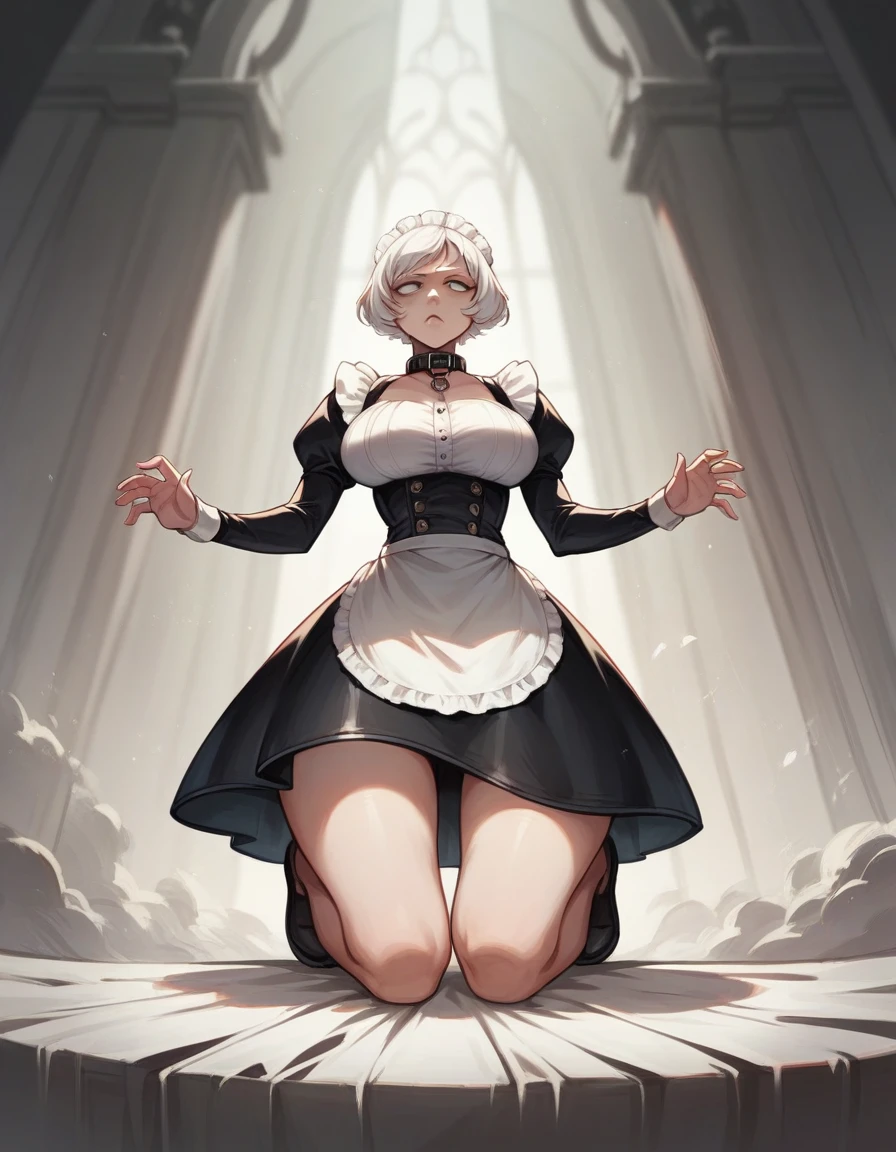 White hair , short hair, pinched eyes, (big-:1.5) , Thin legs, thin body, leather collar, Maid outfit victorian, dynamic pose, full body, View from below, wide hips, Kneeling, enormous breast