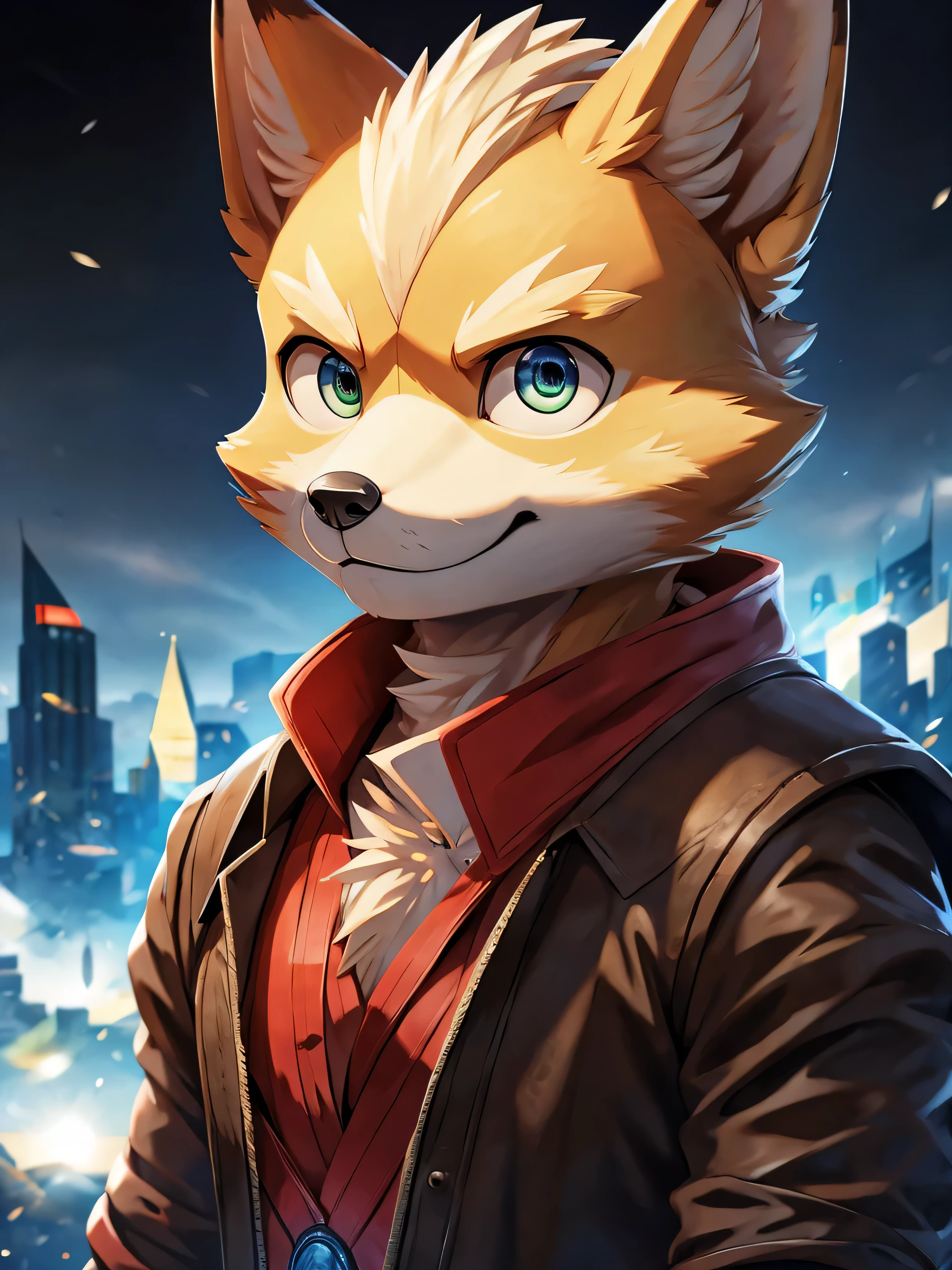 Very beautiful furry art, FursonaArt, Official Art, Eye-catching, detailed art, Fantasy Portrait, (((Fox McCloud))), Very captivating, Official Art, Perfect lighting, masterpiece, Ultra-fine, Perfect Anatomy, high quality, (one male fox), Familiar, Cinema Lighting, Sparkling Eyes, The background is a night city, (Oblique view), ((The entire upper body is visible)), 8K high resolution, Correct Anatomy, Personification, Slim figure, Written boundary depth, Perfect lighting, Hyper Detail, Sharp Focus, Real, kind, Sparkling Eyes