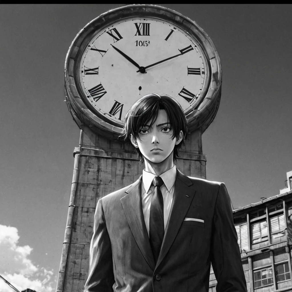 man in suit tie, top of a clock building (anime), bizarre scenario, This is Junji, Yusuke Murata, black and white, 8K, anime, horror