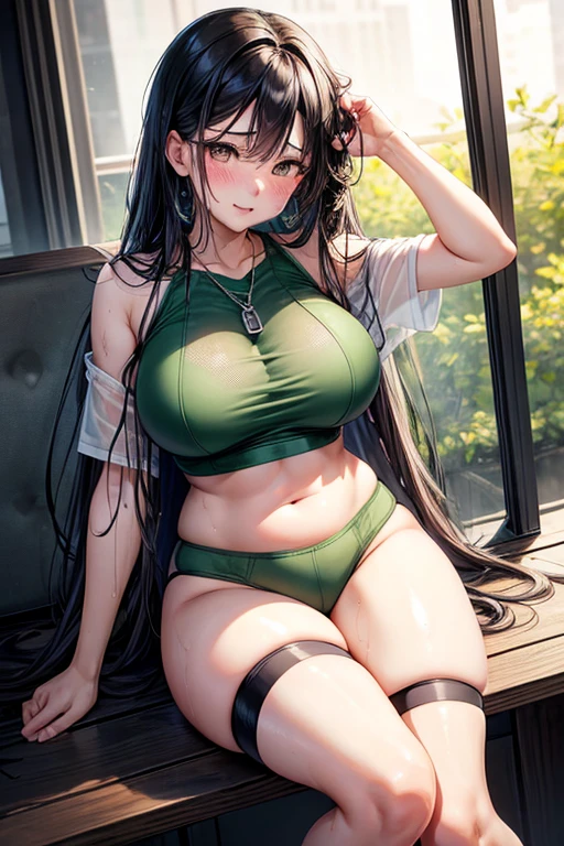 Kaori, Single model, solo, half Asian, half Latino, very long straight black hair, freckles, blushing, wet eyes, long chain pendant, very large heavy breasts, chubby, belly, stretchmarks, green mesh top, cycling shirts, thigh length socks