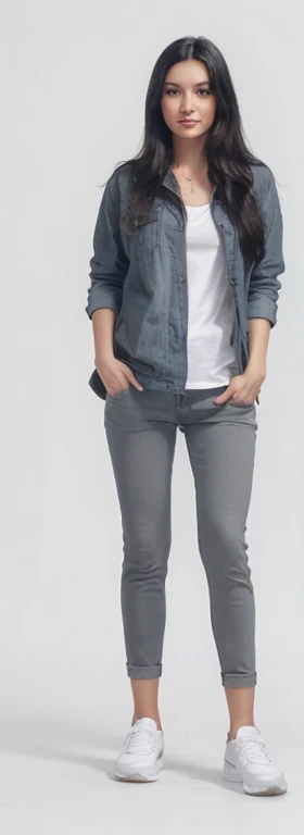 Draw a realistic picture, a beautiful 30 year old woman with long black hair, wearing casual clothes, wearing sports shoes, standing with her whole body in front of her on a white background.