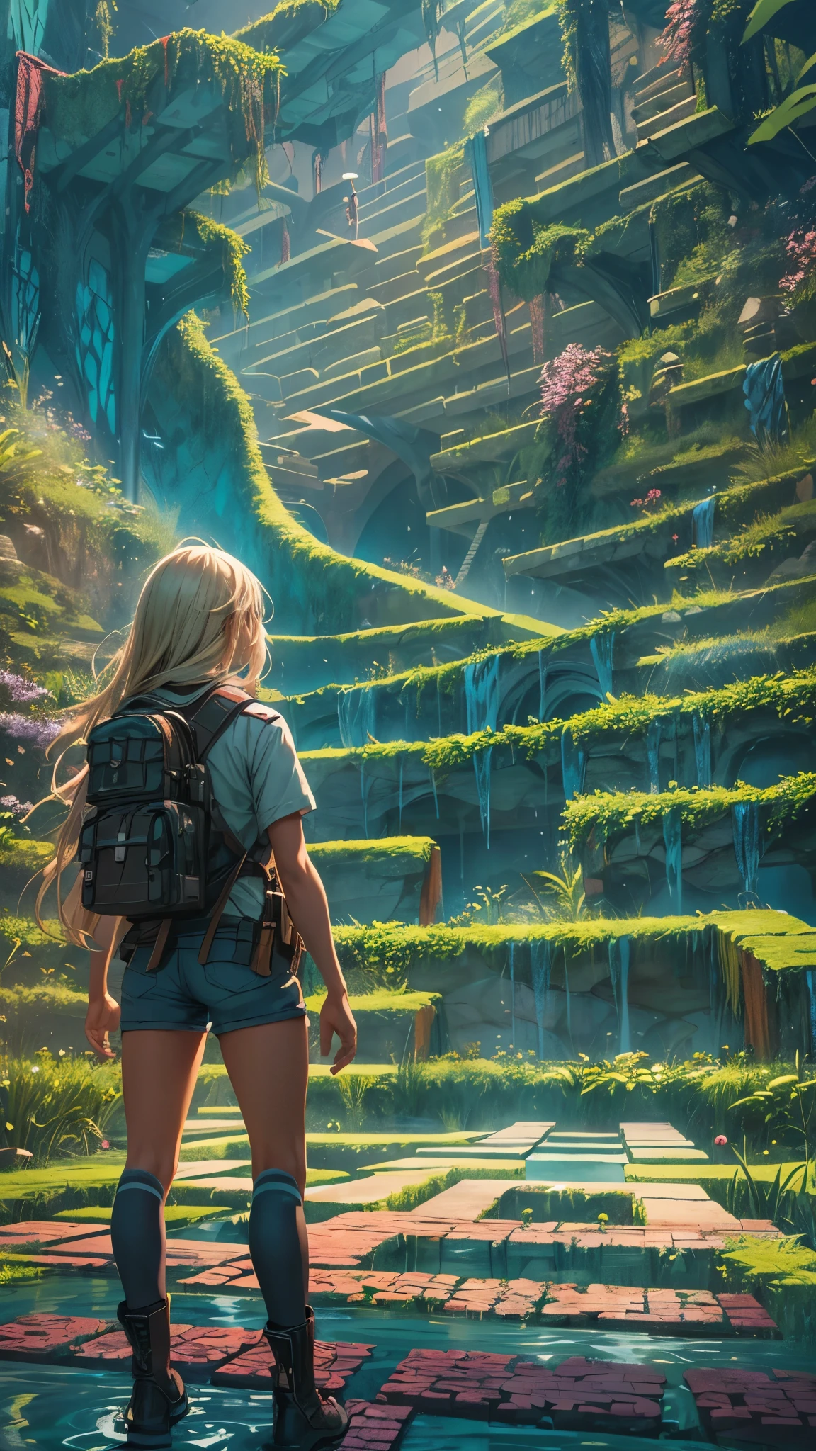 (highest quality, High resolution, Vibrant colors, Realistic), (Inside a giant maze made from a pool), 1 girl, 20-year-old female, Wearing military-style clothing, short blonde, walk through the maze, Mysterious lighting, Unrealistic atmosphere, Reflection Pool, Towering walls, complicated route, Distorted reflections, hidden passage, Quiet and eerie, A sense of adventure, Expectations, expedition, A twist that bends the heart, Unexpected Encounter, Isolation, vast and infinite, Immersive Experience, Escape to another world, A surreal journey