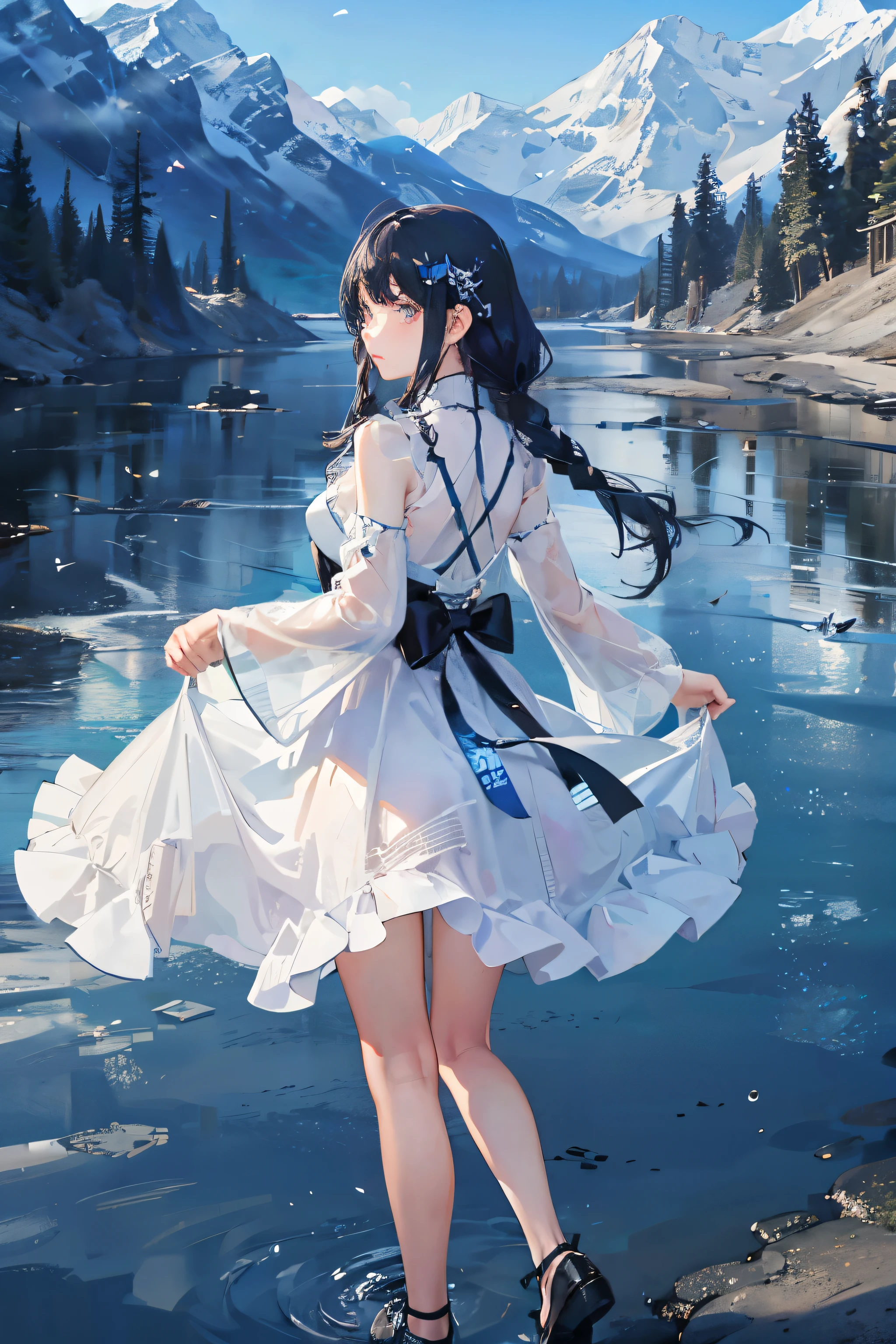 clear stream in the mountains、A girl wearing a dress as transparent as water、