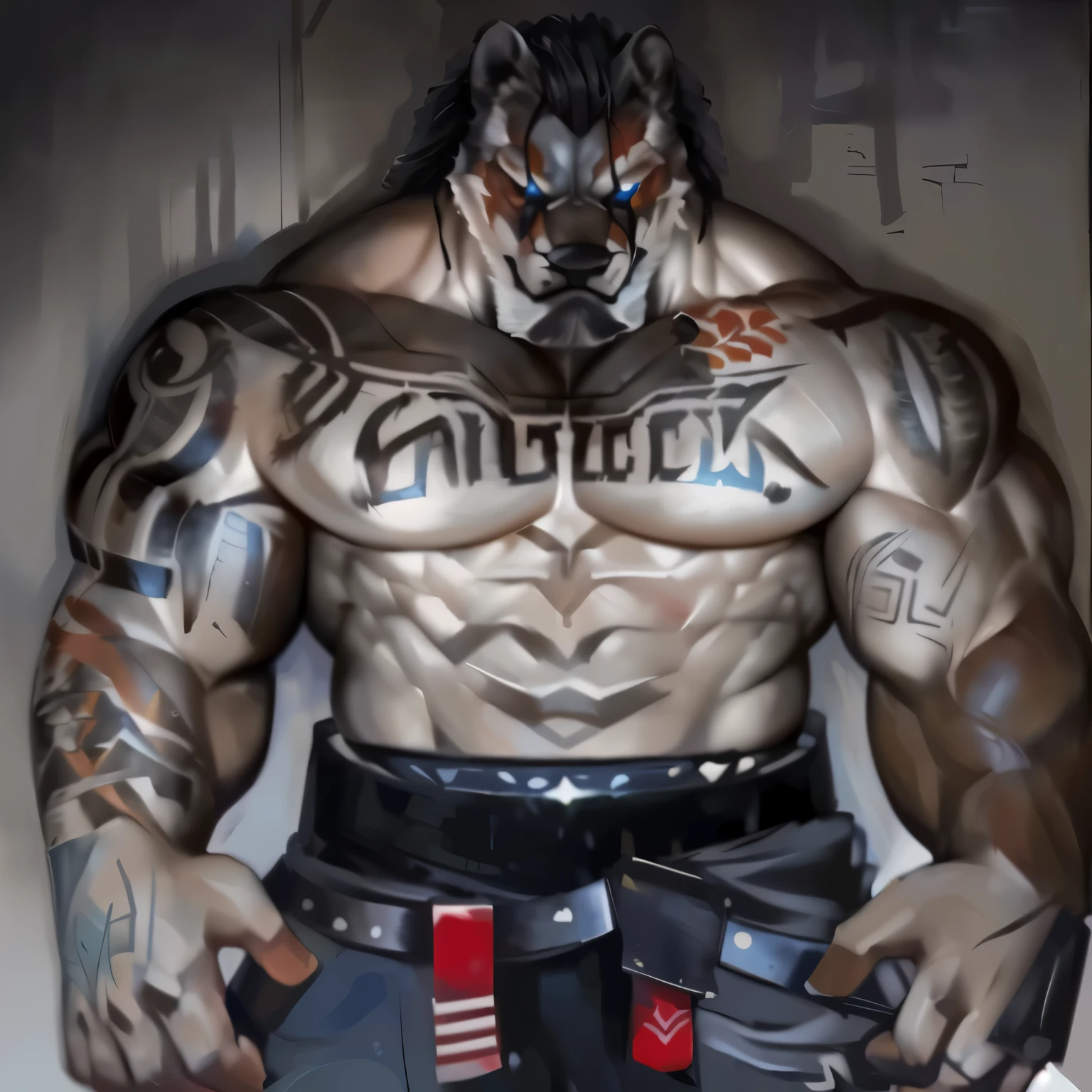 a close-up of a man with a tattoo on his chest, muscular and scary, ernest khalimov body, stark and imposing, stark and ferocious, glossy paint, extreme muscles, the starkest superhero, Intimidating Executioner, concept art like ernest khalimov, stark and muscular, stark, steroids, bodybuilder ernest khalimov, muscular character, powerful and huge