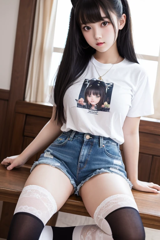 Sleeping girl, 22 years old, realistic, wearing blue ripped jeans in white t-shirt with black hair.