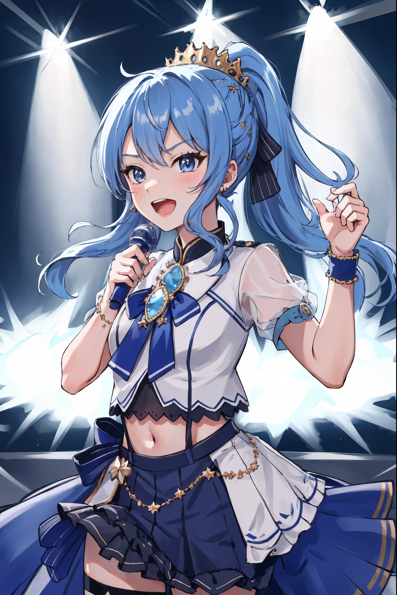 masterpiece, best quality, absurdres, 1girl, solo, Hoshimachi Suisei, light blue hair, blue eyes, happy, smile, parted lips, cowboy shot, sidelocks, ponytail, toned,
idol, idol clothes, hololive idol uniform, bowtie, blue skirt, brooch, dress, concert, on stage, frilled skirt, jewelry, layered dress, short sleeves, tiara, midriff, thighhighs(,shout:1.5),.(open_mouth:1.3),singing,(angry:0.6), glare, idle_live,audience_landscape,light up_girl,solo,shiny_effects,smile。joy,happy,