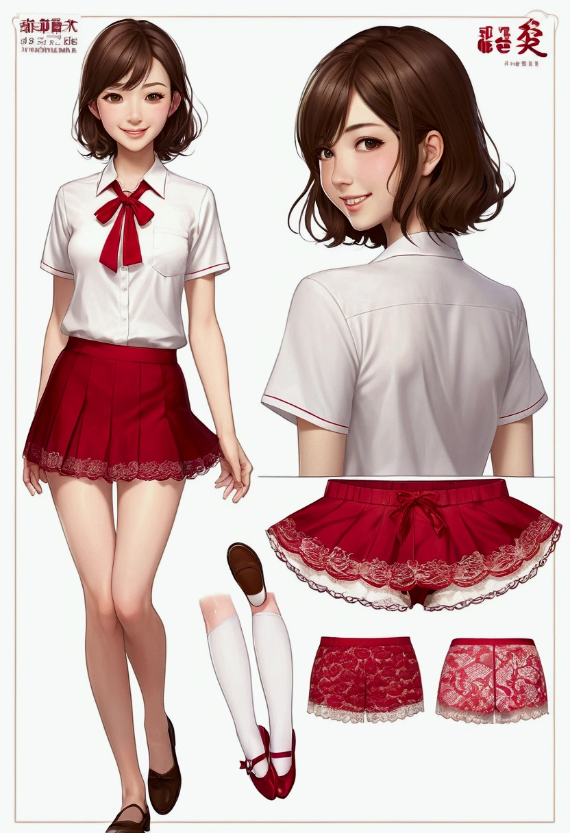 ((masterpiece)),(((Highest quality))),((Character design sheet)),Thin thighs,Long legs,20 year old Japanese woman,Brown thin hair, Short hair with side waves,Medium bust size,A very kind smile, Red lace panties:1.5,Wearing a white shirt,I'm not wearing a skirt:1.5,