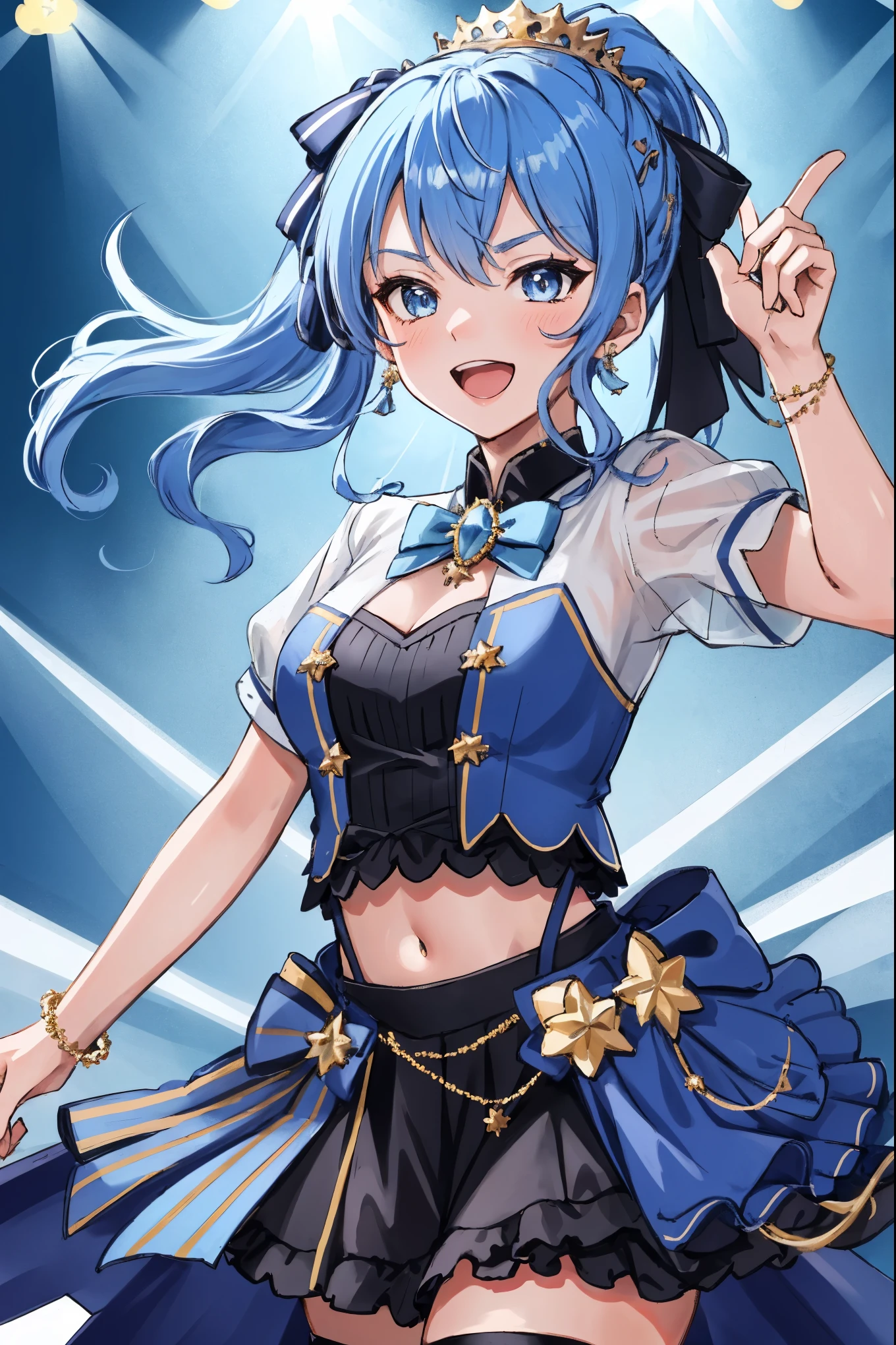masterpiece, best quality, absurdres, 1girl, solo, Hoshimachi Suisei, light blue hair, blue eyes, happy, smile, parted lips, cowboy shot, sidelocks, ponytail, toned,
idol, idol clothes, hololive idol uniform, bowtie, blue skirt, brooch, dress, concert, on stage, frilled skirt, jewelry, layered dress, short sleeves, tiara, midriff, thighhighs(,shout:1.5),.(open_mouth:1.3),singing,(angry:0.6), glare, idle_live,audience_landscape,light up_girl,solo,shiny_effects,smile。joy,happy,