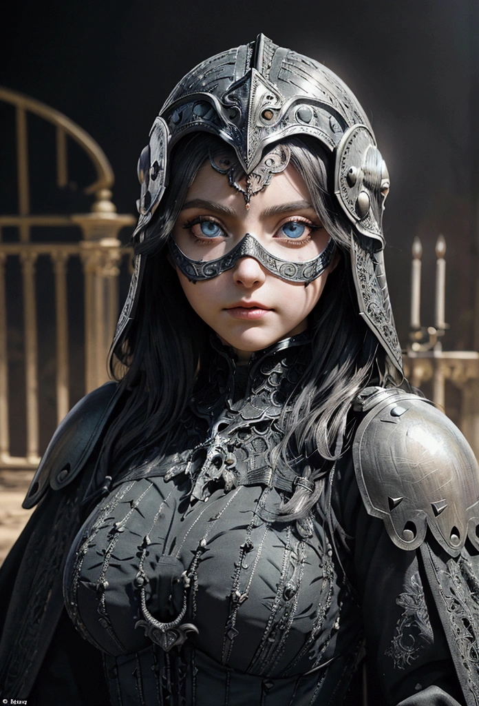 ((realistic)), cinematic shot, movie theater, photo referenced, highest quality, high quality, (detailed face and eyes:1.1), a huge knight wearing a black armor, ((intricate helmet)), face mask armor, ((big eyes)), black sclera, in the countryside, black eyes, subsurface scattering, intricate (high detail), ((cute)), (detailed skin:1.1), shiny skin, photorealism, volumetric lighting, magic circles, a castle in the background,