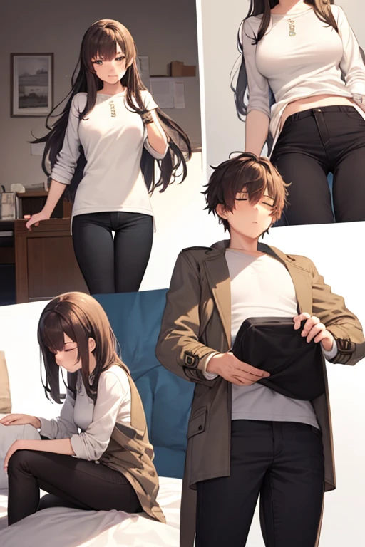 ((best quality)), ((masterpiece)), (detailed), a couple, a boy and a girl, 1 boy, full body, 19 years old, brown hair with white tips, somewhat long hair, bangs, green eyes, sleeping, tall and thin, thin, long beige trench coat, open trench coat, black fingerless gloves, white wristbands, white t-shirt with blue I-shaped emblem, letter I, black pants, 1 girl, full body, 19 years old, young adult, somewhat short, purple eyes, brown hair, somewhat wavy hair, long hair, lock of hair on forehead, asleep, blushing, scientist's coat, blue shirt, black pants, sitting on the floor, sleeping on the boy's shoulder, romantic moment, bedroom background, anime