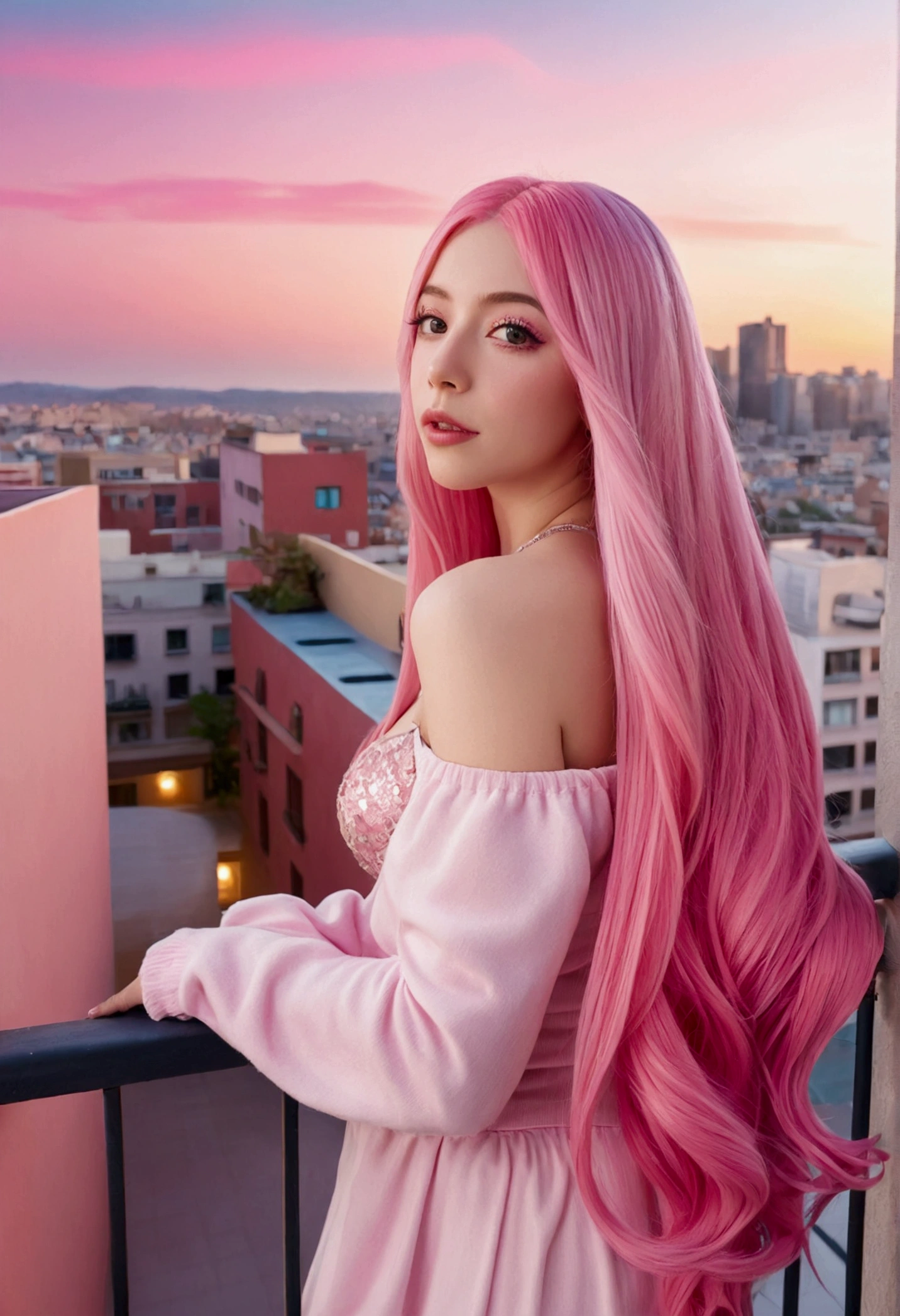 arafed woman with pink hair standing on balcony overlooking city, long flowing pink hair, long pink hair, ava max, with pink hair, flowing pink hair, pink hair, pink wispy hair, long hair with pastel colors, long bubblegum hair, light pink hair, colored hair, huge pink hair, long light pink hair, bubblegum hair, pink straight hair