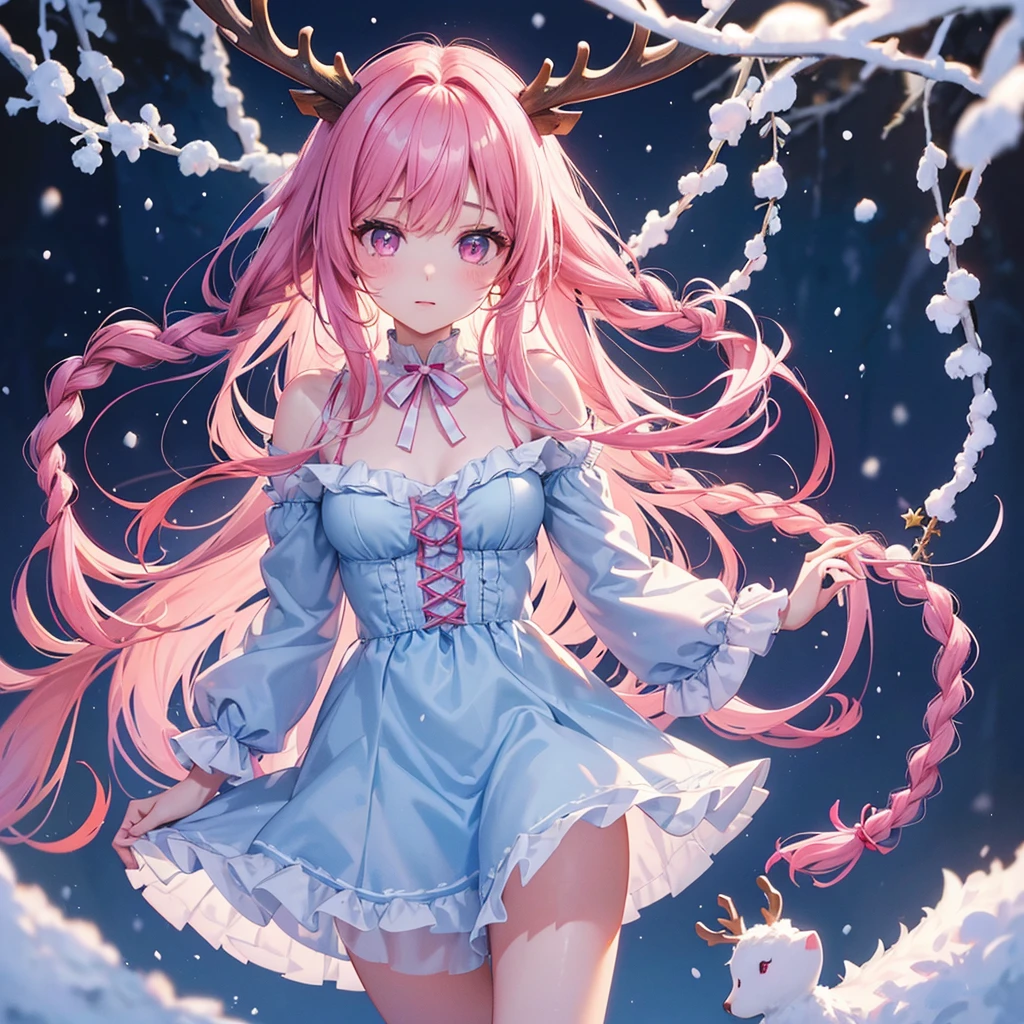 Sky Blue Medium Hair, (Braided Hair),(Pink Eyes),Fair skin ,(whole body),(1 girl)、Christmas、Reindeer costume、Straight bangs,(masterpiece, Highest quality, Very detailed, Best Shadow), (Detailed Background), (Beautifully detailed face), High Contrast, (Best lighting, Very delicate and beautiful), ((Cinematic Light)), colorful, Hyper Detail, Dramatic Light, Intricate details,snow、snowだるま、