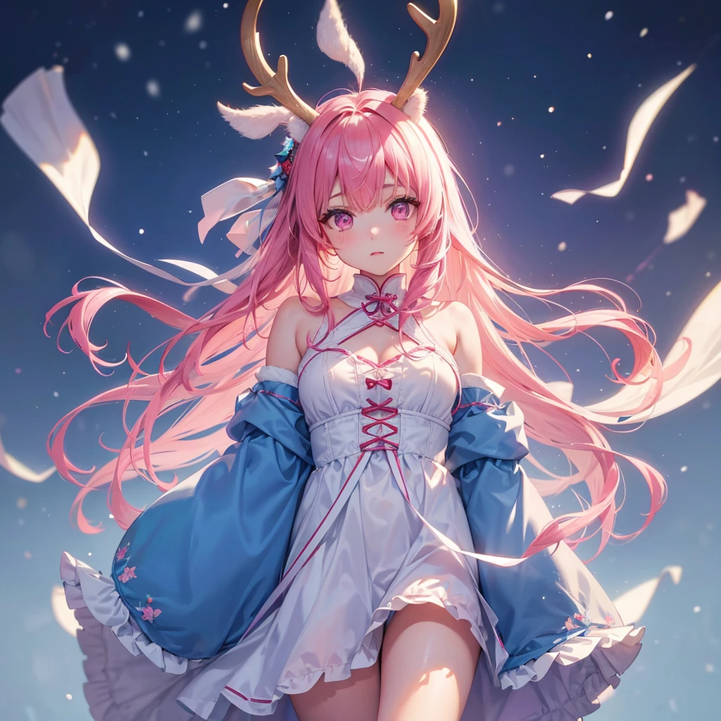 Sky Blue Medium Hair, (Braided Hair),(Pink Eyes),Fair skin ,(whole body),(1 girl)、Christmas、Reindeer costume、Straight bangs,(masterpiece, Highest quality, Very detailed, Best Shadow), (Detailed Background), (Beautifully detailed face), High Contrast, (Best lighting, Very delicate and beautiful), ((Cinematic Light)), colorful, Hyper Detail, Dramatic Light, Intricate details,snow、snowだるま、