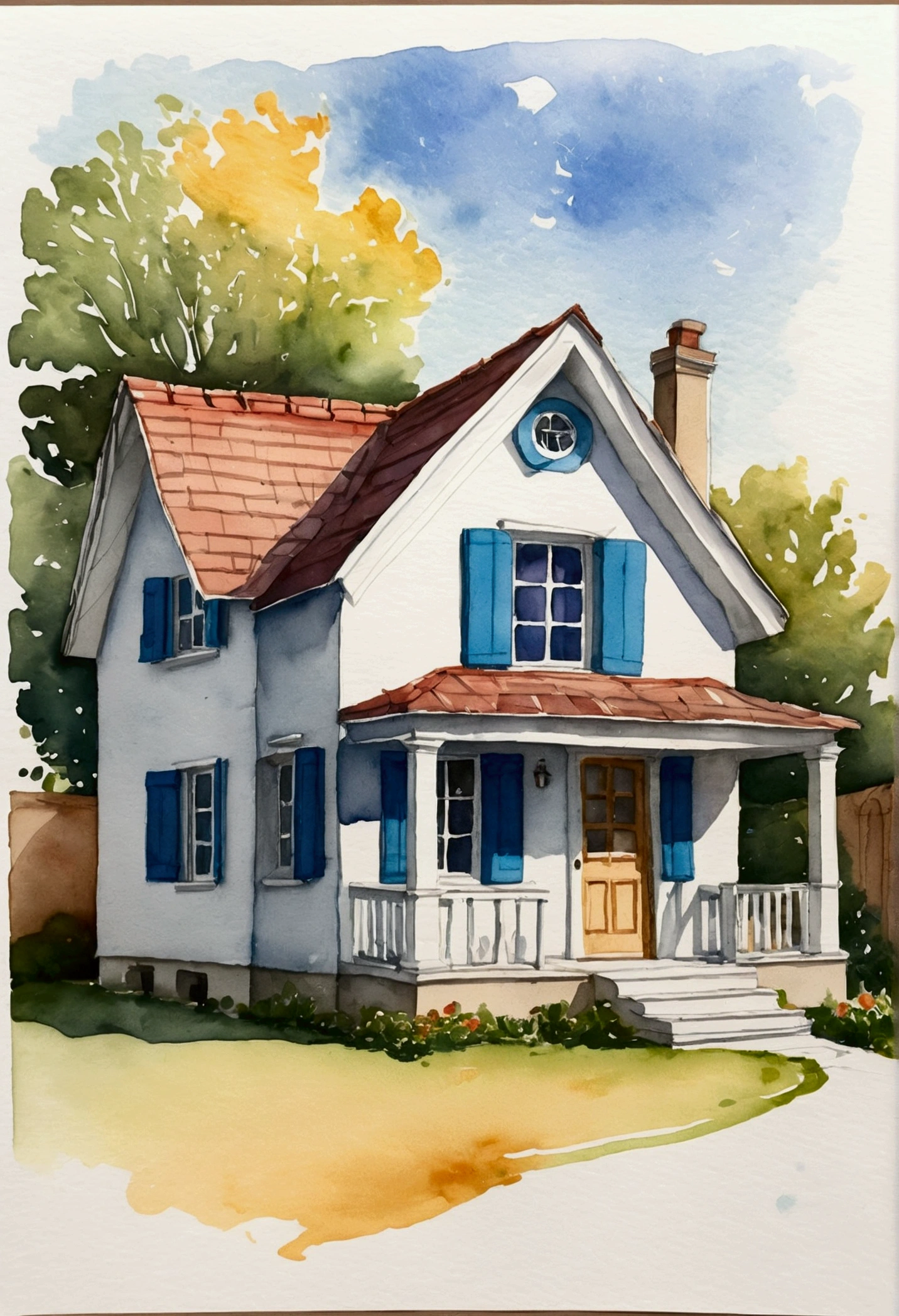 Small house, unfinished sketch, watercolor on paper, (simple background:1.2)