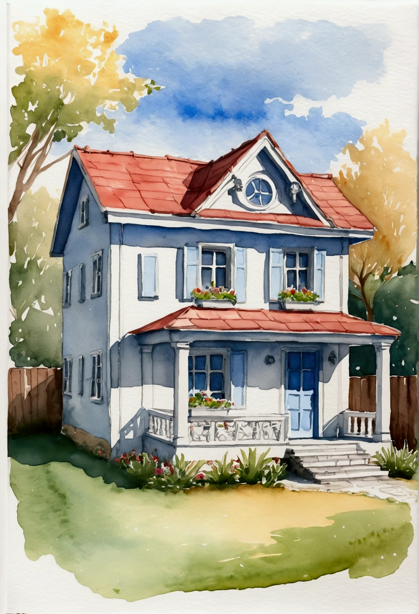 Small house, unfinished sketch, watercolor on paper, (simple background:1.2)