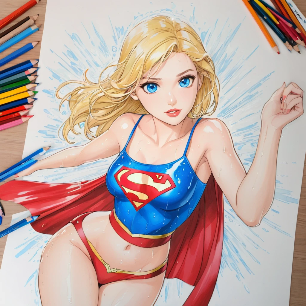 Supergirl,short wet transparent camisole,blonde hair and blue eyes, white,accurate perfect hands, Art,ad,colour pencil drawing,draft drawing ,comic collage,illustration