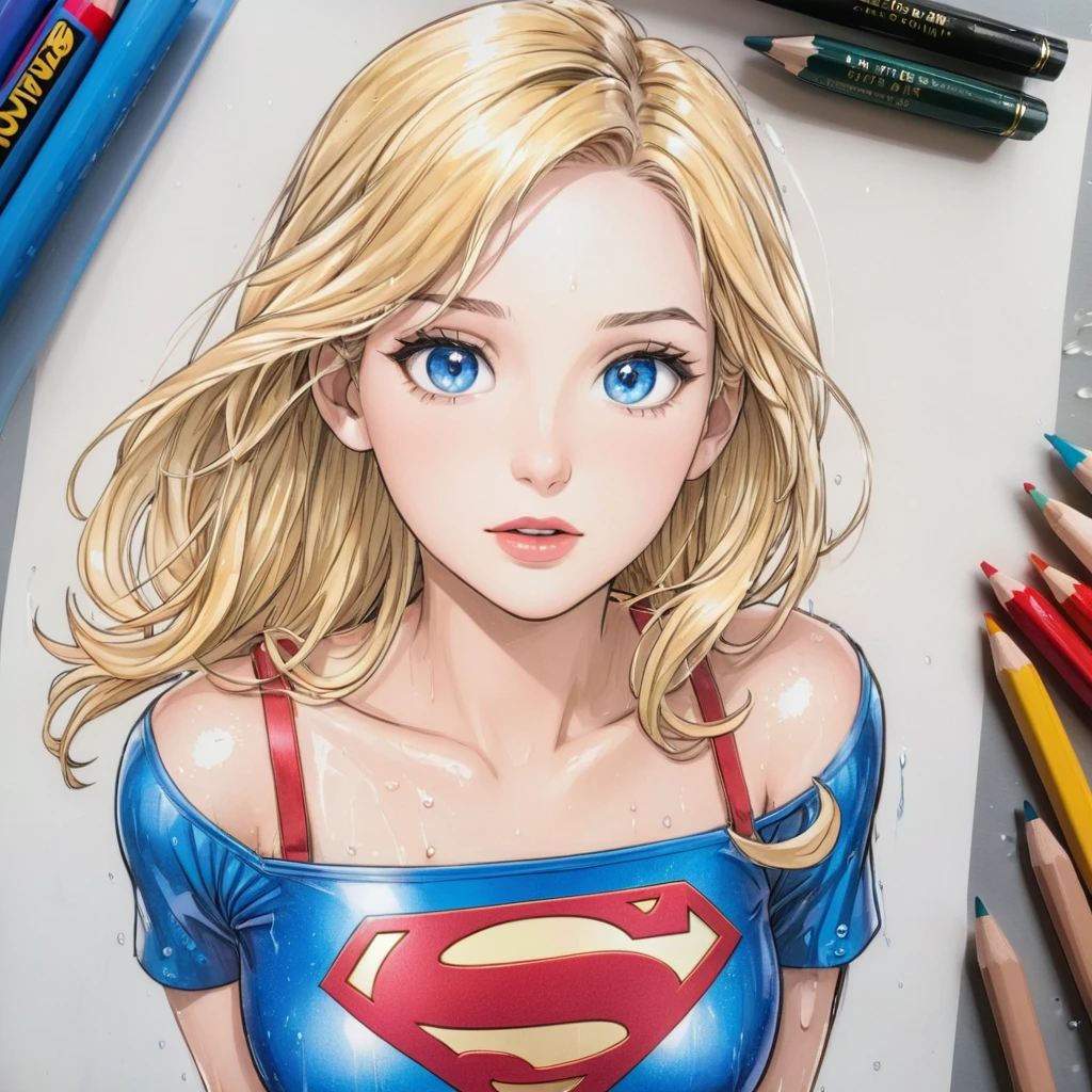 Supergirl,short wet transparent camisole,blonde hair and blue eyes, white,accurate perfect hands, Art,ad,colour pencil drawing,draft drawing ,comic collage,illustration