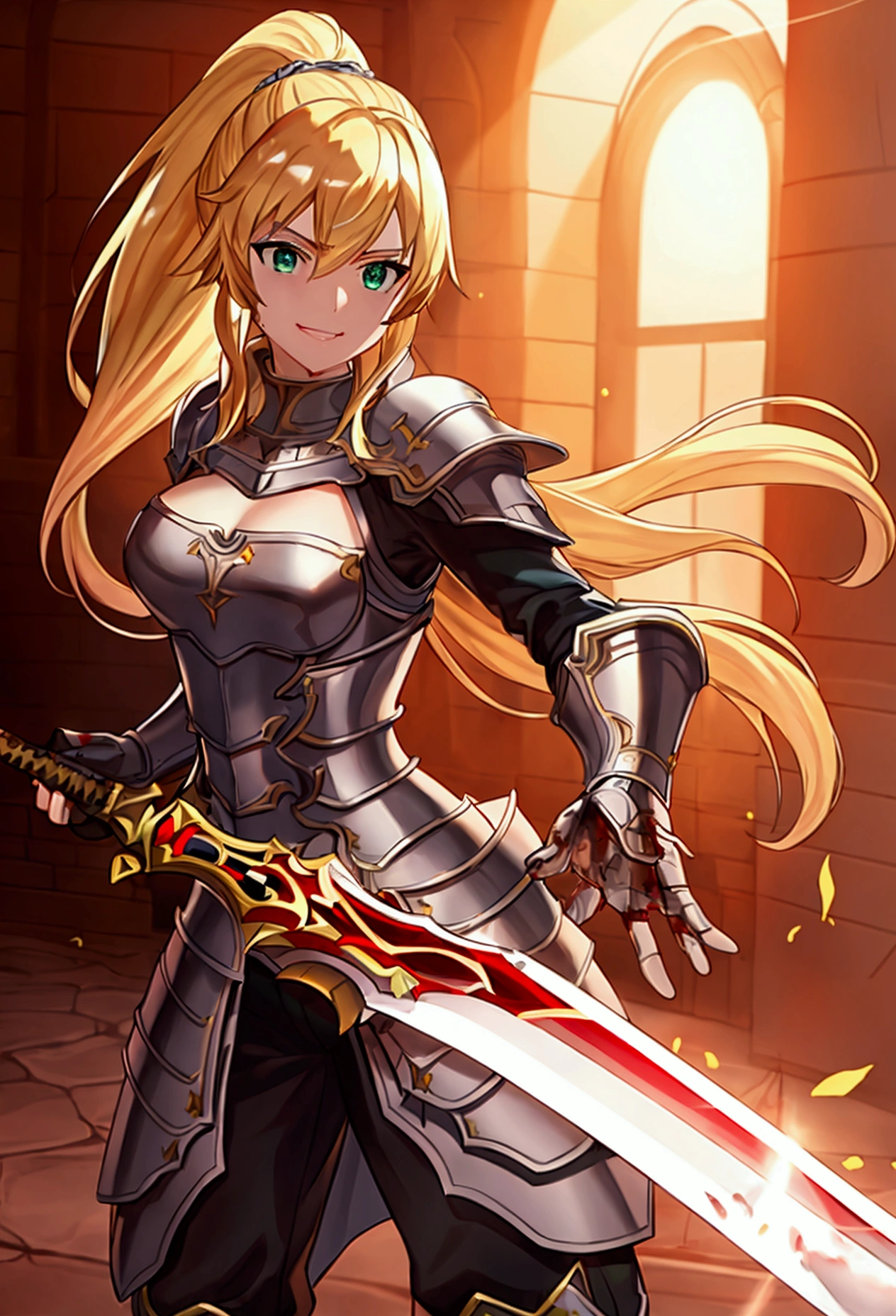 score_9_up, score_9, score_8_up, score_7_up, source_anime,masterpiece, best quality, high resolution, extremely detailed CG, absurdres, highres, 1 girl,a knight girl in golden armor fights at battlefield, holding sword, long hair, twintails, blond_hair, red_dress, glaring, off-shoulder, tiara, battle_stance, fighting_stance,good_hands