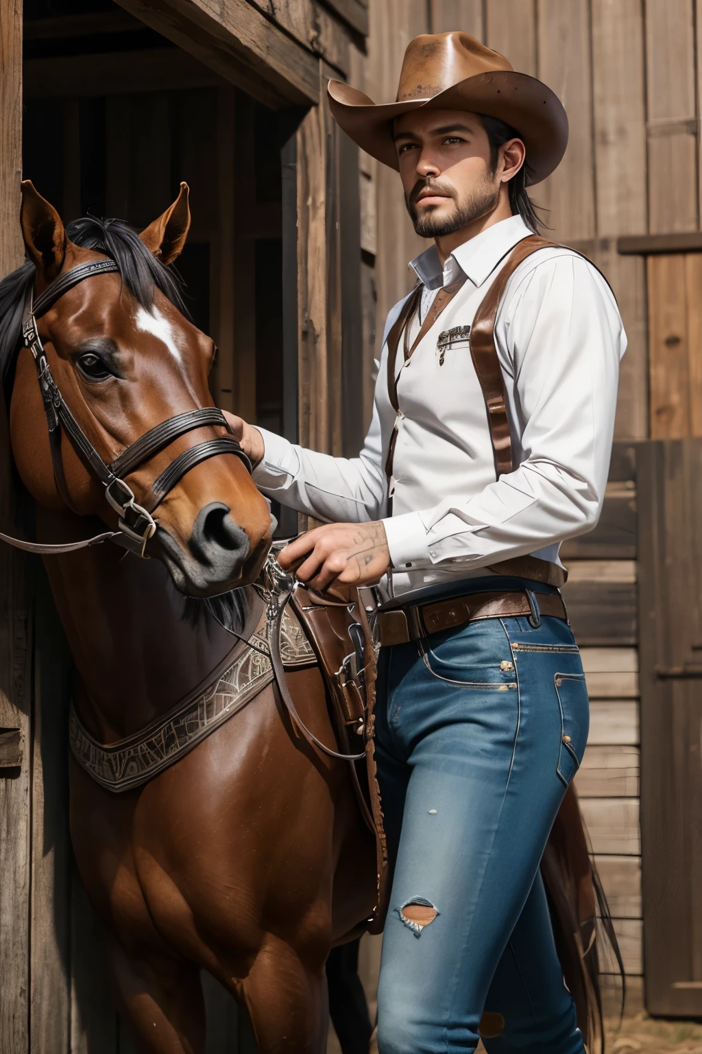 Western Cowboy,  Leather cowboy hat, white shirt, jeans waistcoat, leather trousers, western boots, 
Taking care of the horses on the farm, 
Masterpiece,(Best Quality, Ultra high Detailes, intricate details, intricate detail texture, 
