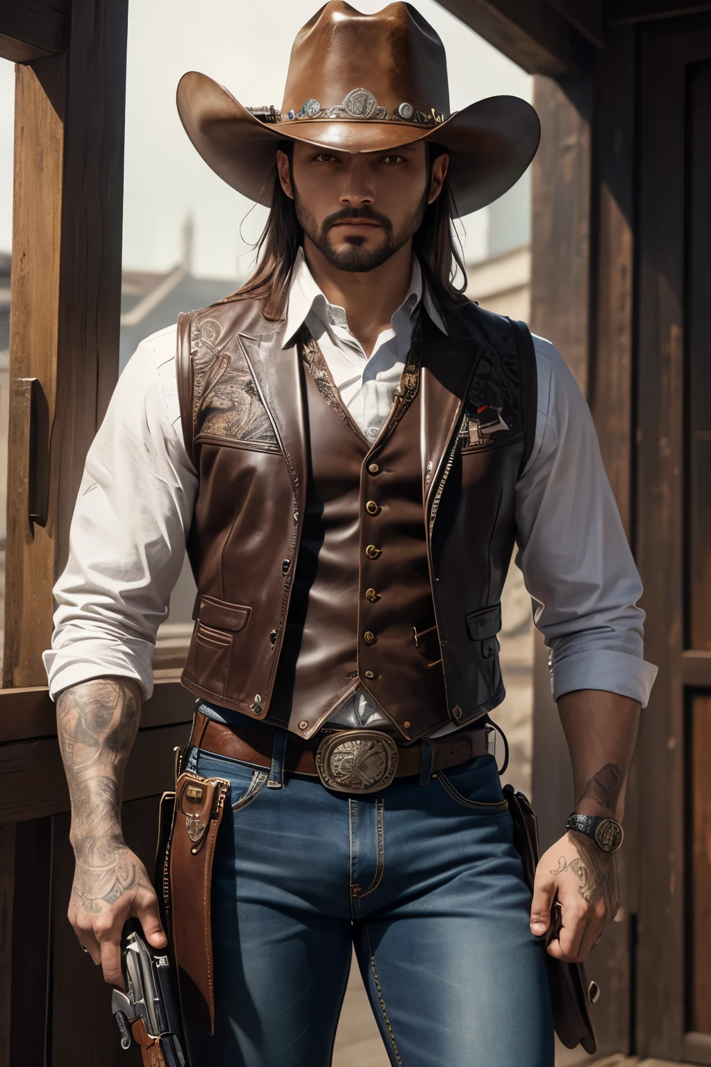 Western Cowboy,  Leather cowboy hat, white shirt, jeans waistcoat, leather trousers, western boots, 
Dueling gang members with a revolver, 
Masterpiece,(Best Quality, Ultra high Detailes, intricate details, intricate detail texture, 
