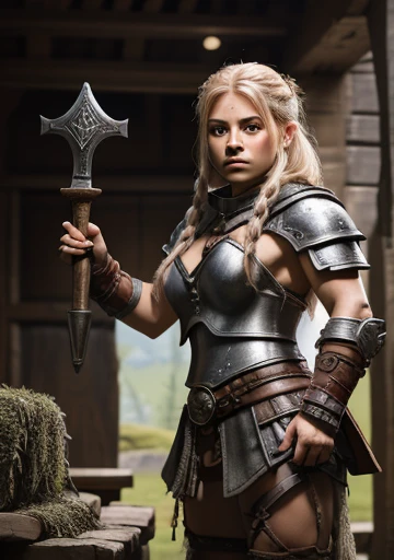 a painting of a powerful and muscular 19-year-old mountain dwarf,50 tall with 70 kilos in bearskin armor that only covers her breasts, she only wears pants that barely cover her powerful muscular thighs, she wears furry leather boots, holding a large and powerful combat hammer with both hands she is standing epically ready for combat, war hammer, war hammer, dwarf warrior woman, a beautiful berserker woman, north female warrior, Female Warrior, north adult female warrior, female barbara, of fantasy, dwarven woman, viking feminino, picture of female barbara, female dwarf woman, Retrato de female barbara, nordic warrior