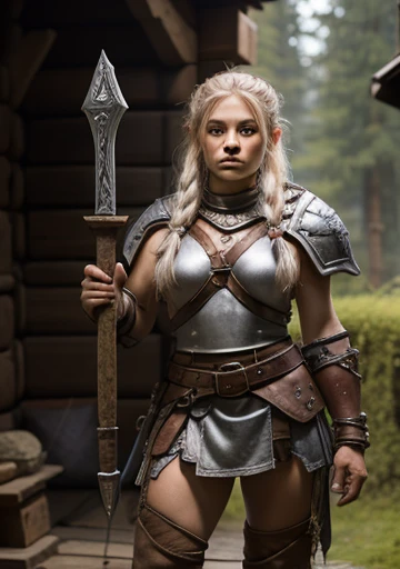 a painting of a powerful and muscular 19-year-old mountain dwarf,50 tall with 70 kilos in bearskin armor that only covers her breasts, she only wears pants that barely cover her powerful muscular thighs, she wears furry leather boots, holding a large and powerful combat hammer with both hands she is standing epically ready for combat, war hammer, war hammer, dwarf warrior woman, a beautiful berserker woman, north female warrior, Female Warrior, north adult female warrior, female barbara, of fantasy, dwarven woman, viking feminino, picture of female barbara, female dwarf woman, Retrato de female barbara, nordic warrior