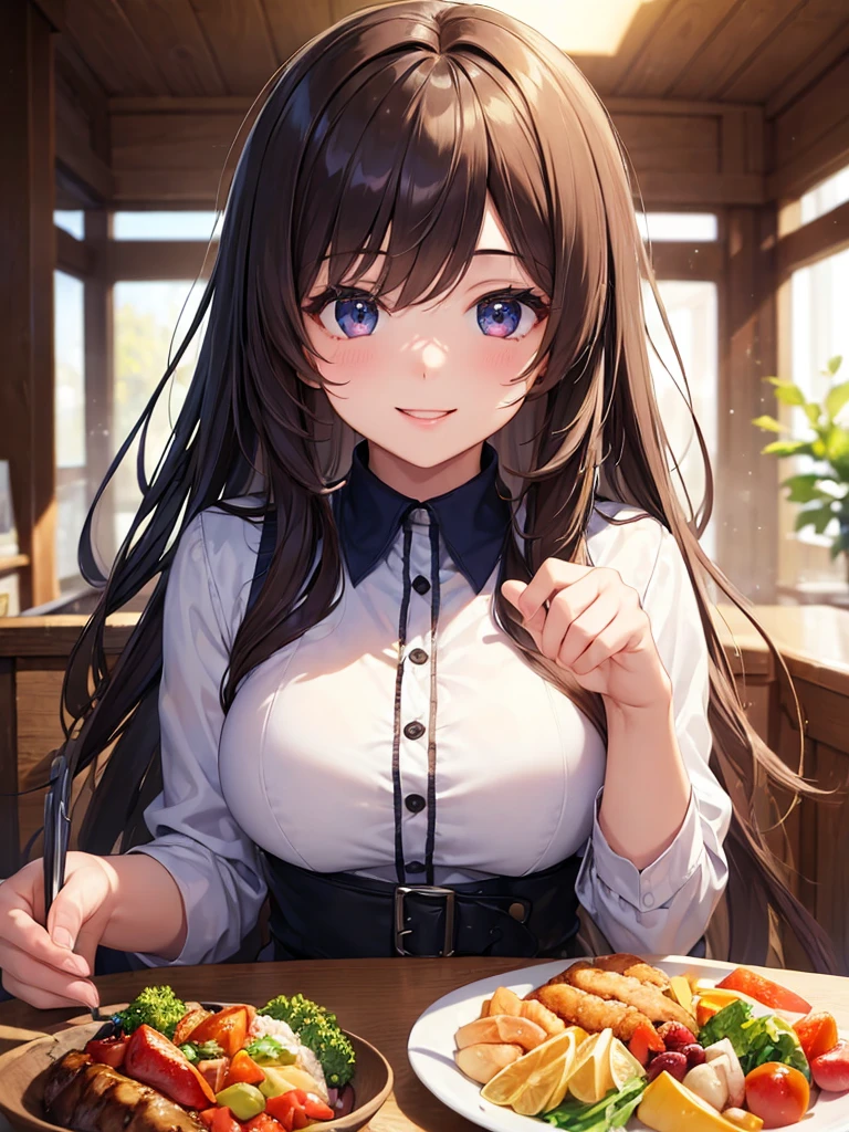 (masterpiece:1.5),(Beat quality),(high res),1girl solo,beautiful face,smile(shining eyes),upper body,light effects,Plainclothes woman,lunch