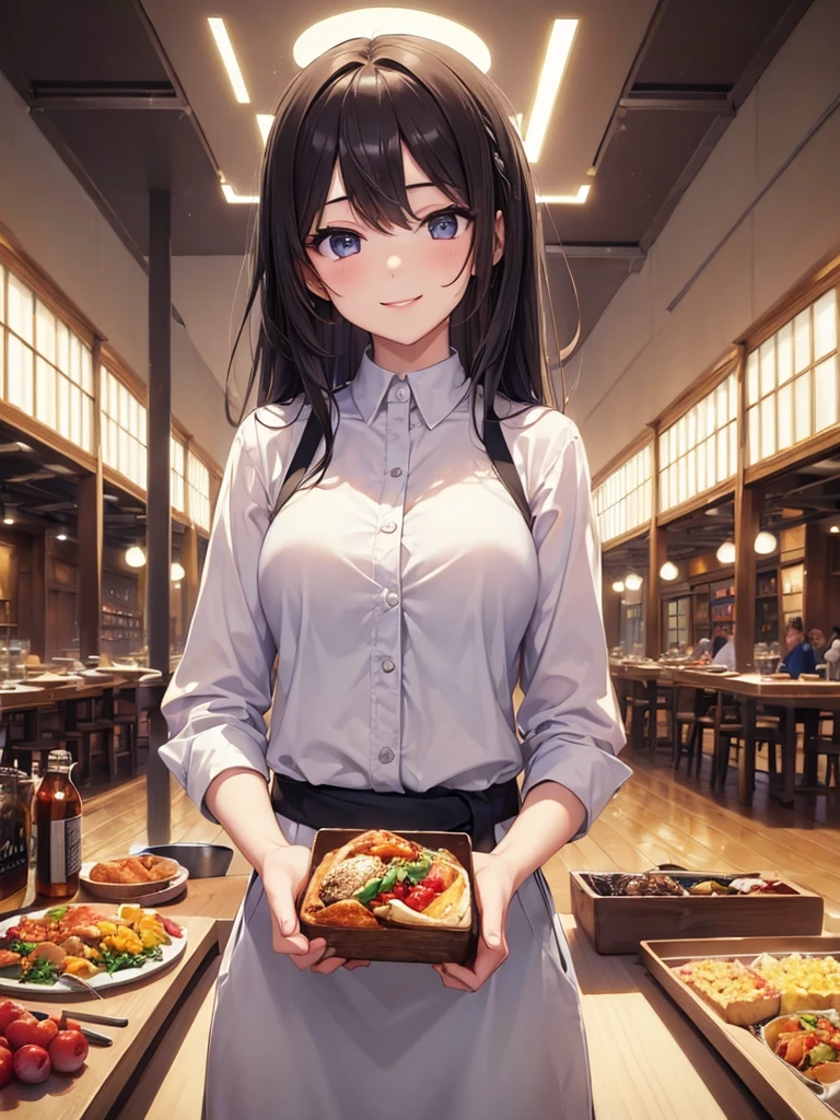 (masterpiece:1.5),(Beat quality),(high res),1girl solo,beautiful face,smile(shining eyes),upper body,light effects,Plainclothes woman,lunch