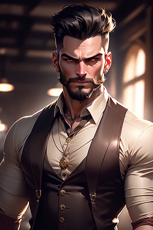 a muscular tall man with a pompadour  undercut haircut, short mutton chops beard, no mustache, wearing a burgundy shirt with leather suspenders, black military pants, bright golden eyes, left arm with tattoos, rings on his hands, sensual gaze, (best quality,4k,8k,highres,masterpiece:1.2),ultra-detailed,(realistic,photorealistic,photo-realistic:1.37),cinematic lighting,highly detailed facial features,chiaroscuro lighting,moody atmosphere,dramatic lighting