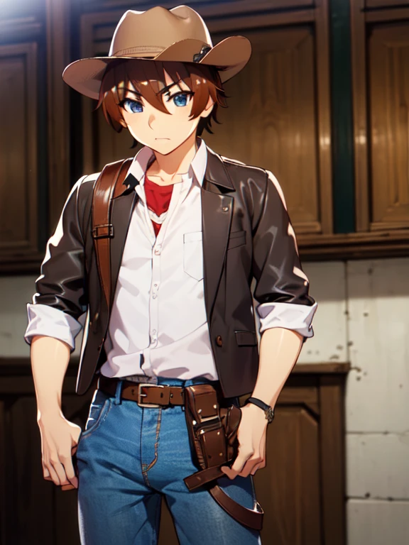 (Ultra-high resolution), (masterpiece), (Attention to detail), (high quality), (最high quality), One Man, (Keiichi_Maehara), Brown Hair, blue eyes, Western Cowboy, Cowboy hat, leather jacket, scarf, Denim pants, boots, belt, holster, revolver