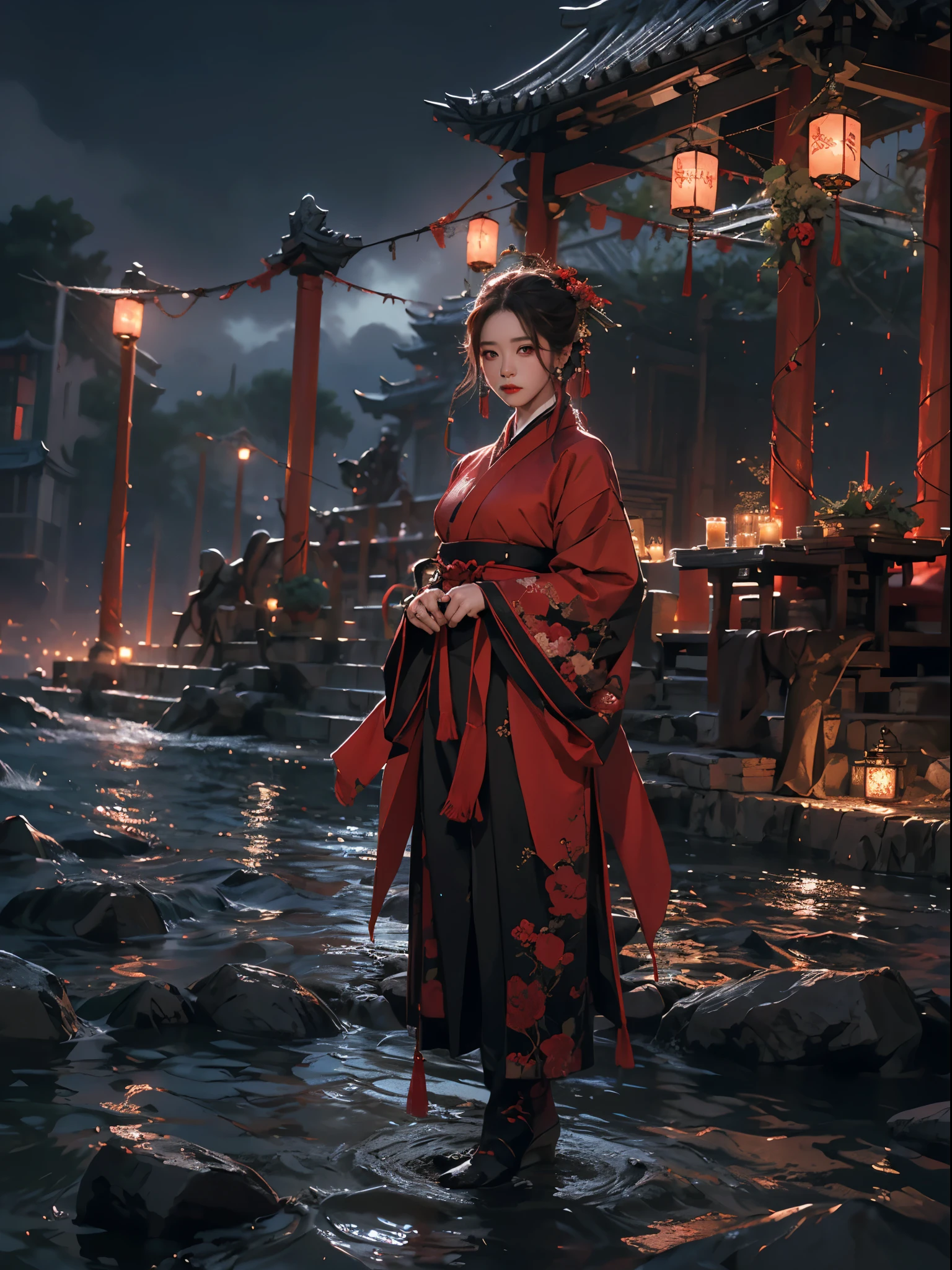 (zwd),1lady standing,full body,(looking at the viewer:1.5),detailed face,detailed eyes,dramatic lighting,red theme,hanfu,tang style,scenery,outdoors,solo,architecture,monster,night sky,night,