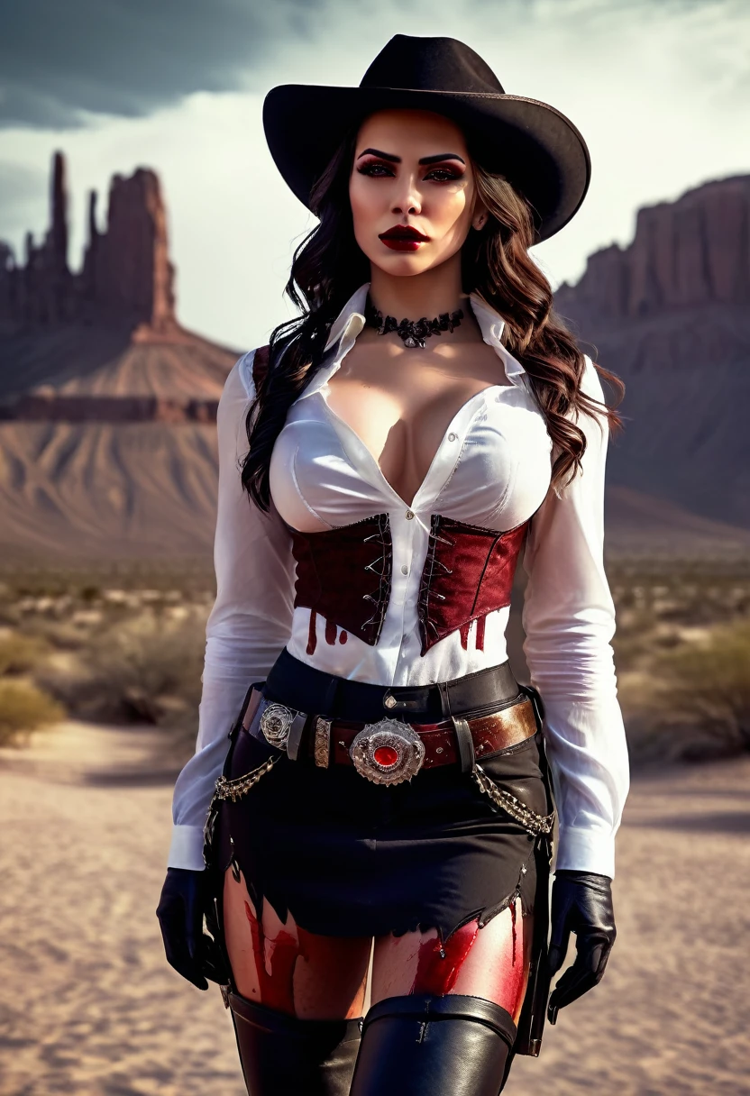 (19th century photograph style picture: 1.3) of a female vampire cowboy in the desert night, a goth beauty, exquisite beautiful female vampire, ((anatomically correct: 1.5), (ultra detailed face: 1.2), best detailed face, red glowing eyes, full body, busty, wearing white bottom shirt, short skirt, dynamic color. wearing (cowboy hat: 1.2), wearing high heeled boots, she has a pistol in an holster,  it is night time in the desert, moon light. moon rays, west America desert canyon background, Hyperrealism style, vibrant, Ultra-high resolution, High Contrast, (masterpiece:1.5), highest quality, Best aesthetics), best details, best quality, highres, ultra wide angle, 16k, [ultra detailed], masterpiece, best quality, (extremely detailed) RAW, chumbasket art style, rpg portrait photograph, BloodSoakedAI