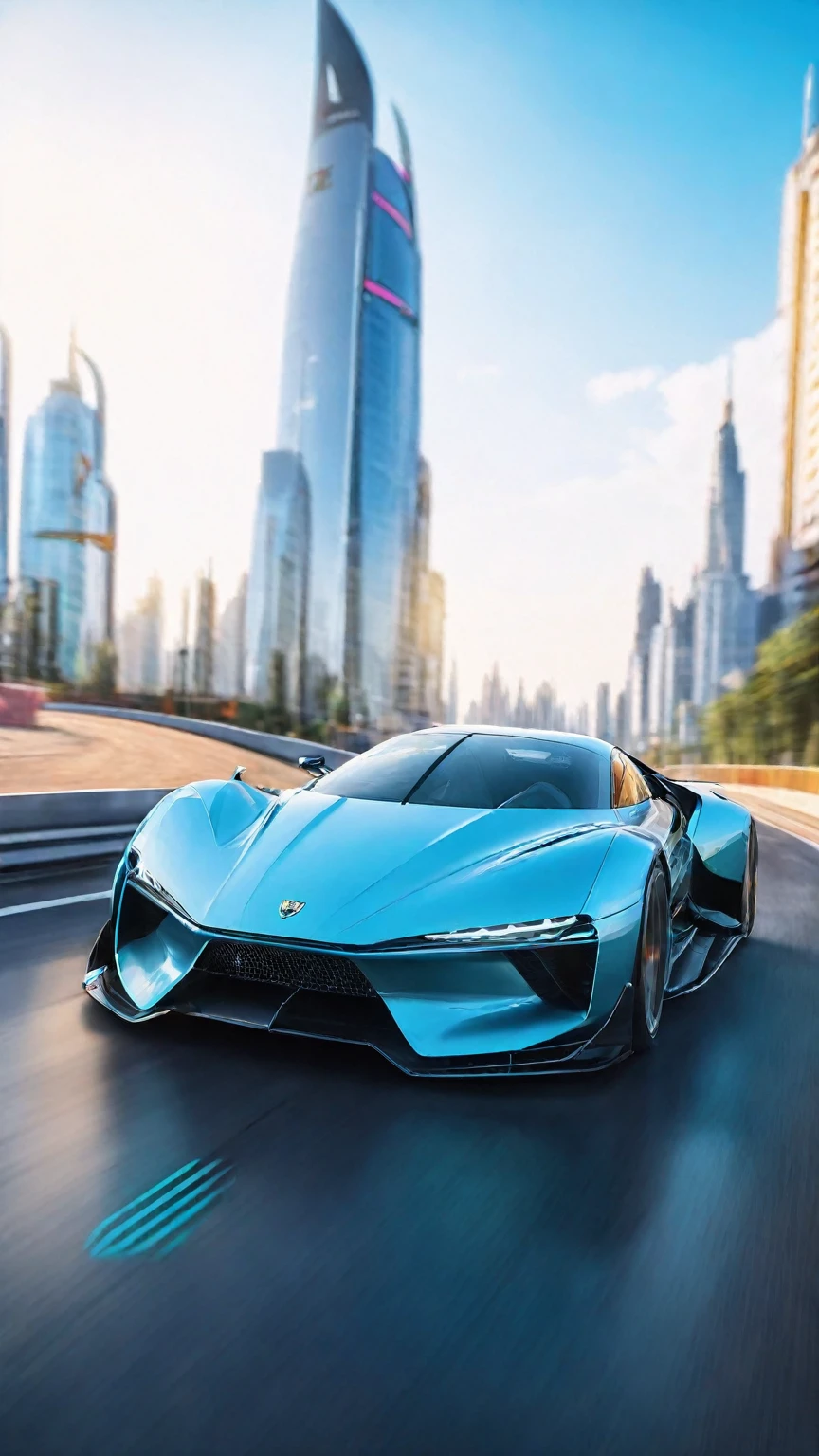 cybercar,future technology,futurism,Sports car track suspended in the sky,science fiction concept sports car speeding on the floating road,cyberpunk city background,Realistic,cinematic,depth of field,Strong blur,, (masterpiece,best quality,ultra-detailed, absurdres)