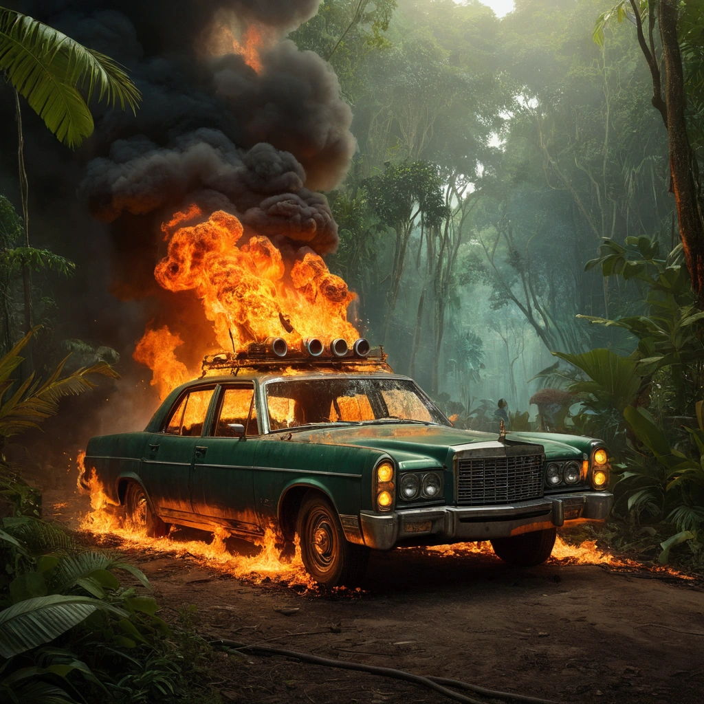 A car in flames surrounded by jungle and forest and slaves
