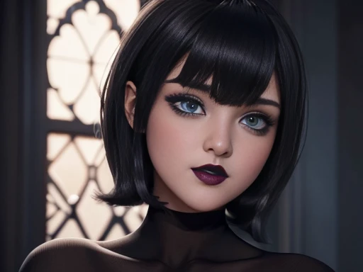 ((Best Quality)), ((masterpiece)), (detailed), perfect face, blue eyes, cabello negro corto con flequillo estilo bob labios voluminosos nariz respingada belleza extraordinaria y muy detailed ,black makeup, dark lipstick