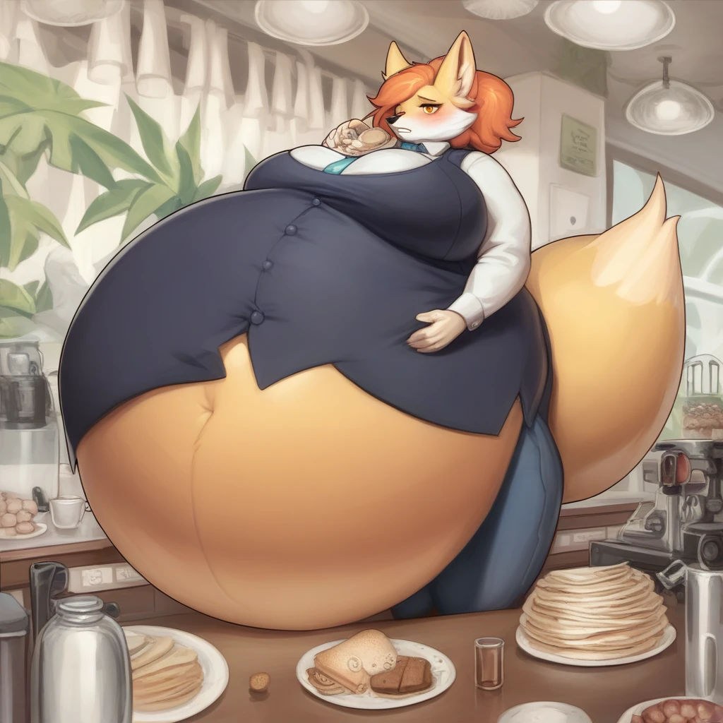 Solo, female, (((by bebebebebe))), standing, shiba inu, brown eye, huge breasts, in a cafe, day, dramatic lighting, (((only wearing a green apron and a black cap))), ((nipple outline)), wide hips, thicc, starbucks, ((thicc thighs))) (((extremely inflated belly))), (((embarrassed))), (((shy))), (((overfeed))), (((bursting belly))),