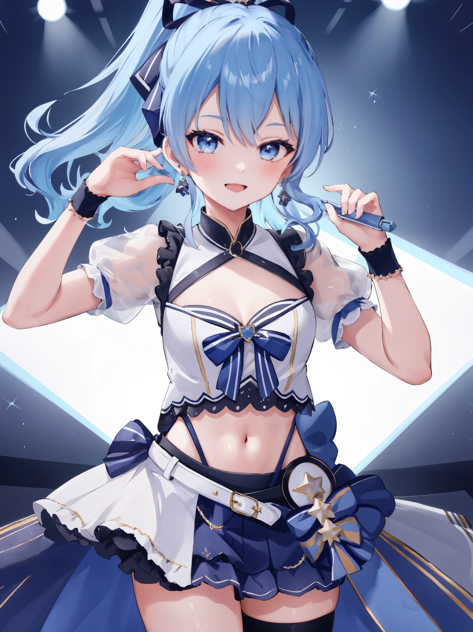 masterpiece, best quality, absurdres, 1girl, solo, Hoshimachi Suisei, light blue hair, blue eyes, happy, smile, parted lips, cowboy shot, sidelocks, ponytail, toned,
idol, idol clothes, hololive idol uniform, bowtie, blue skirt, brooch, dress, concert, on stage, frilled skirt, jewelry, layered dress, short sleeves, tiara, midriff, thighhighs(,shout:1.5),.(open_mouth:1.3),singing,(angry:0.6), glare, idle_live,audience_landscape,light up_girl,solo,shiny_effects,smile。joy,happy,